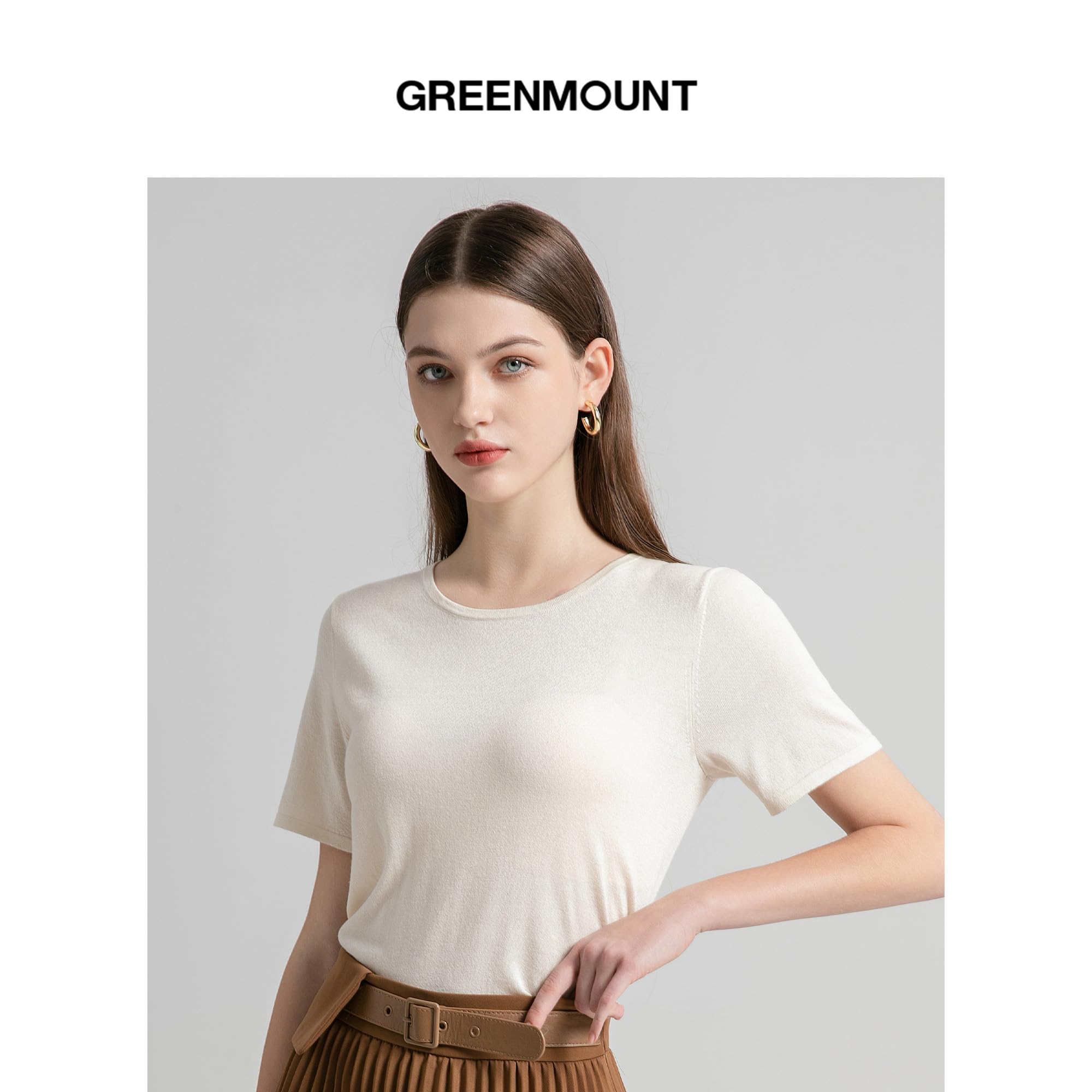GreenMount Women's Silk Cashmere Round Neck T-Shirt Stretchy Basic Tee Summer Tops for Women