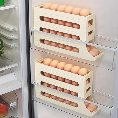 Vista 5 de Soporte para huevos de 4 niveles para refrigerador, estante automático para enrollar huevos, estante de almacenamiento de 30 huevos, distribuidor