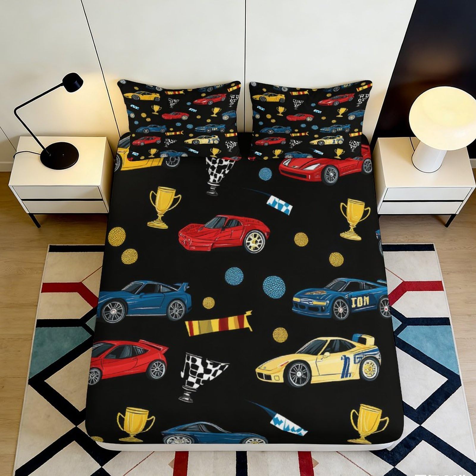 3D Printed Racing Cars Fitted Sheet Microfiber Soft Durable 3D Printed Trophy Bed Cover for Bedroom Dormitory Guest Room Mattress Protection 180x200x25cm