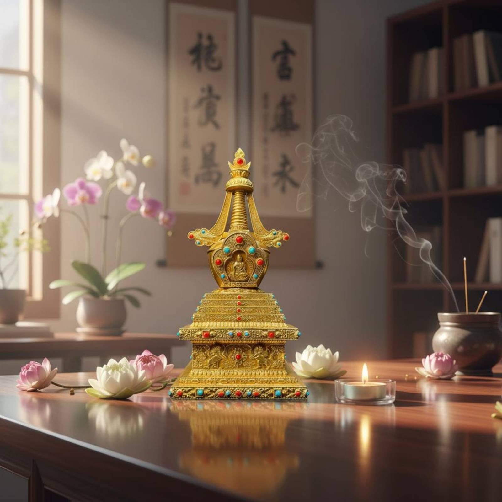 Pagoda Budista Stupa Torre Estatua Escultura de Latón con Diseño Detallado y Buda Interno Símbolo de Protección y Adecuada para Altar Meditación, 21cm 21cm 44cm, Torre Jixiangmen