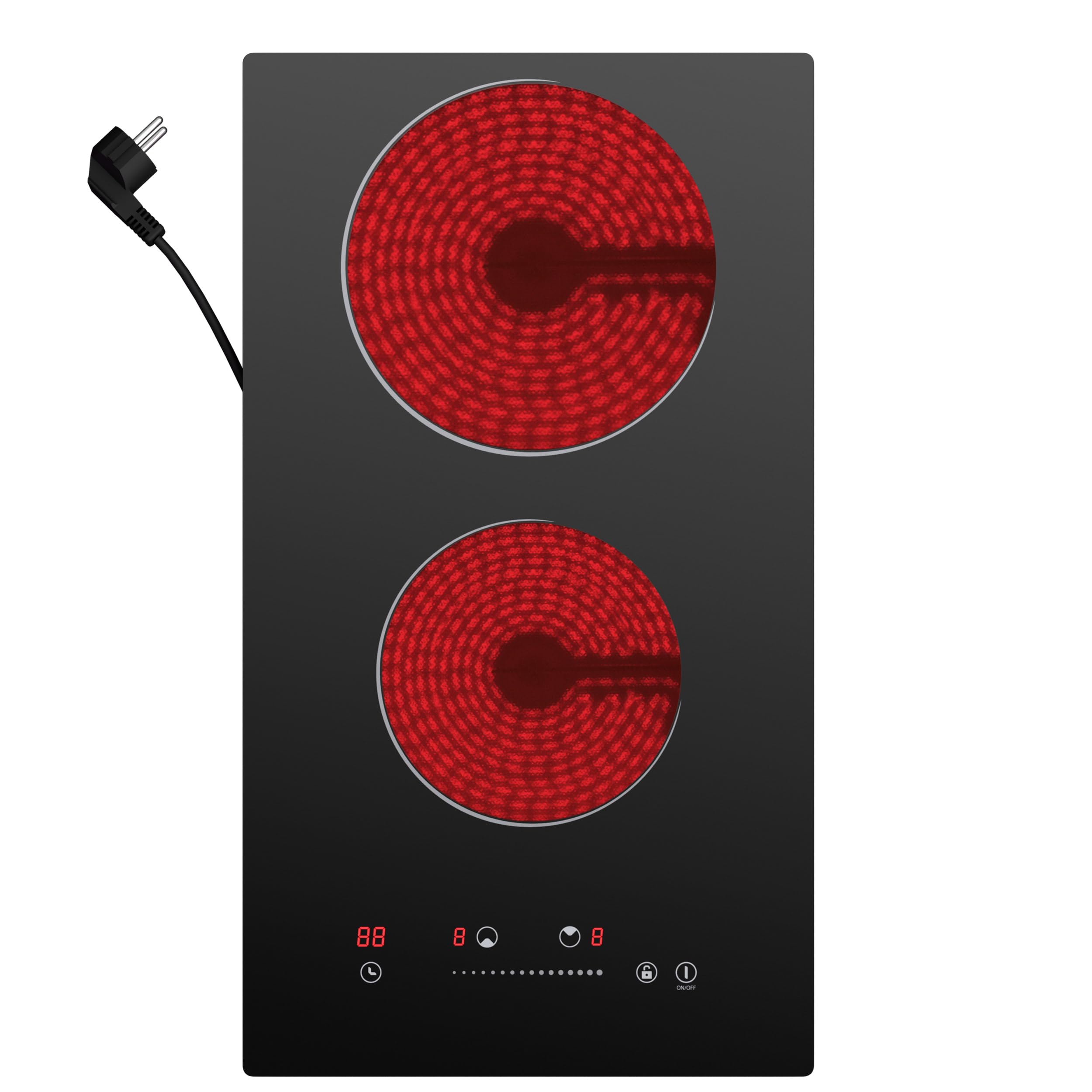 CDV Placa Vitrocerámica 2 Fuegos, 3000 W, Placa de Cocina Eléctrica Empotrable, 30 cm, 9 Niveles de Potencia, Timer, Bloqueo de Seguridad | Plan eléctrico compacto con control táctil, temporizador, bloqueo infantil y apto para ollas de fondo plano