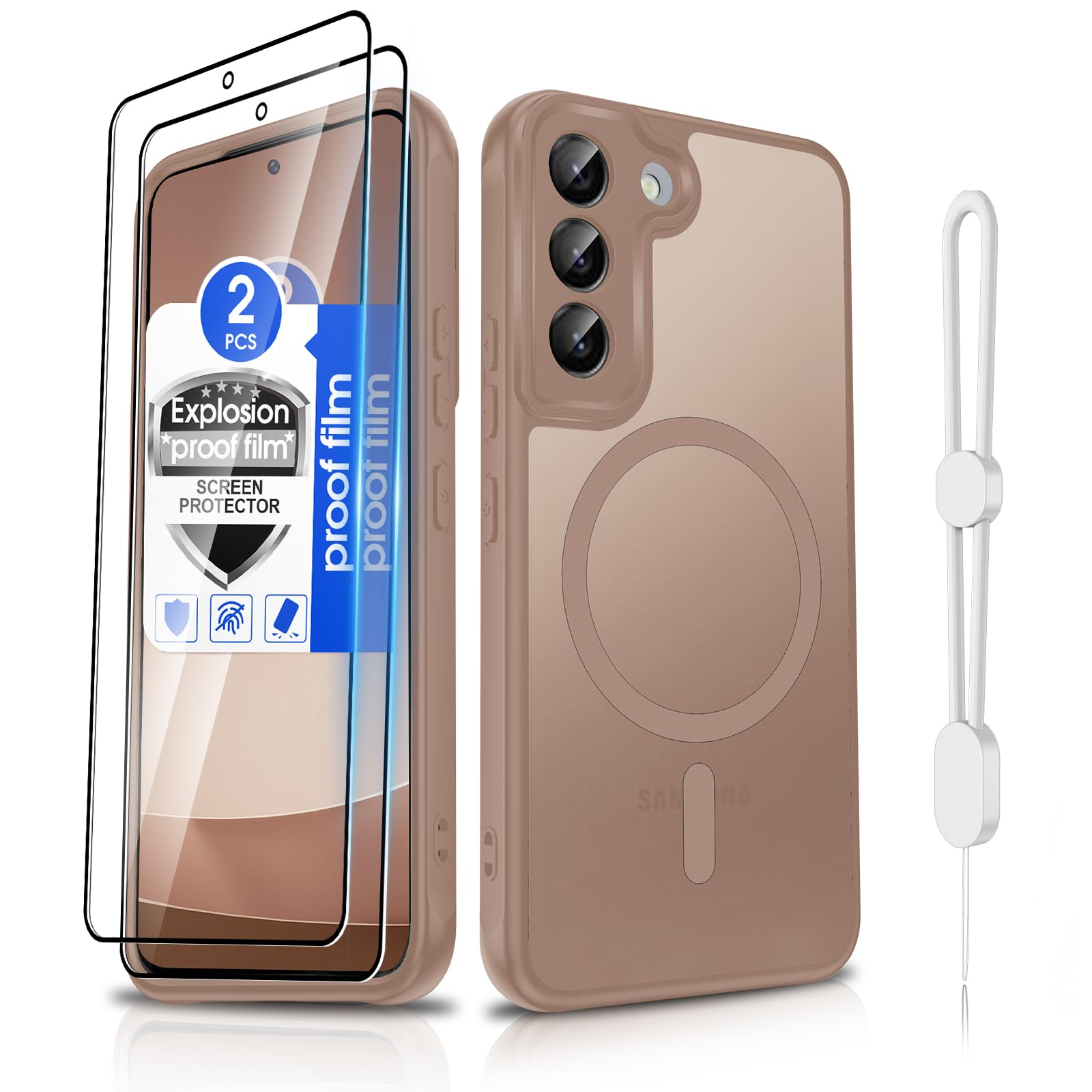 Dizn Magnetic for Samsung Galaxy S22 Plus Phone Case,with Explosion-Proof Film,Compatible with MagSafe,with Strap,Military-Grade Protective Samsung Galaxy S22 Plus, Brown