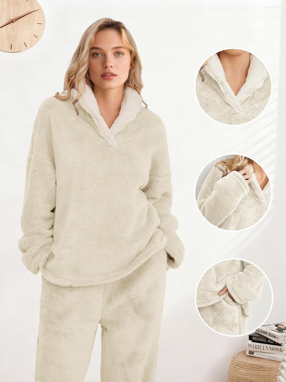 Muchpow Womens Fluffy Pajamas Set Winter Warm Fleece Oversized Pullover Fuzzy Pants Sets Plush Loungewear 2 Piece Pjs - Image 4