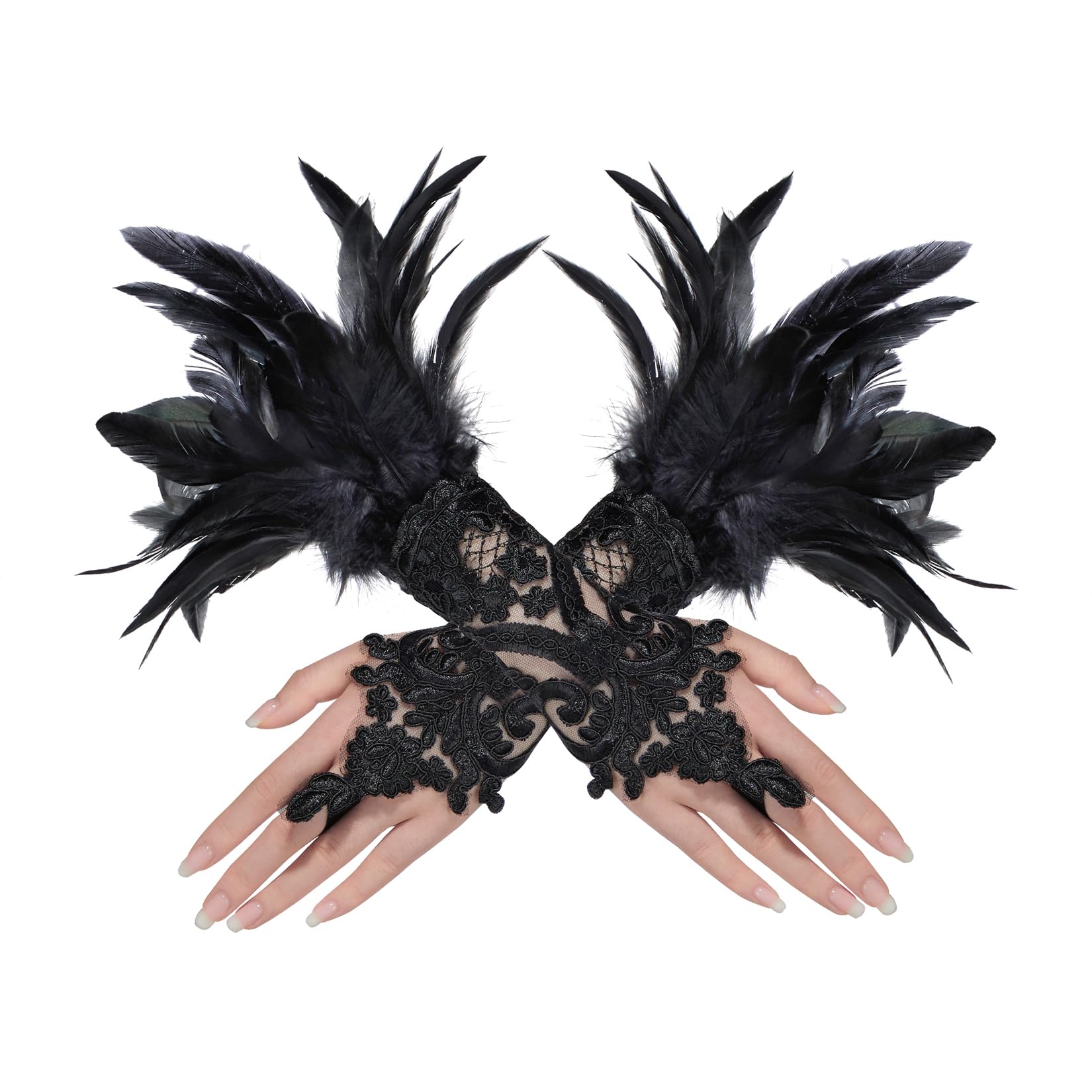 KomorebiWomen's Feather Long Lace Gloves Halloween Feathers Lace Gloves Witch Costume Mesh Elbow Gloves