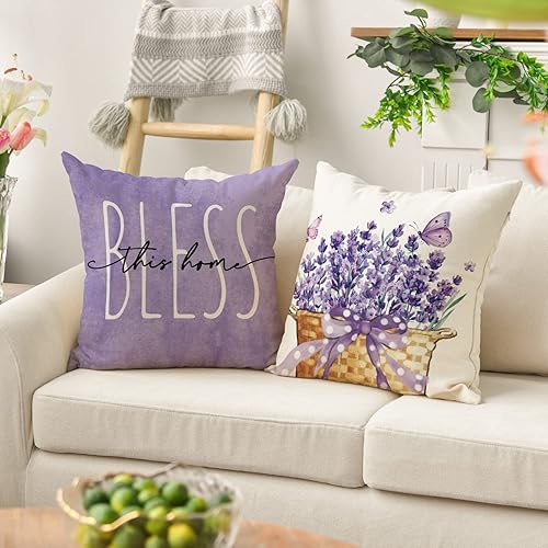 Miniatura 4 de AVOIN colorlife Lavender Home Sweet Home Bless This Home Spring - Juego de 4 fundas de almohada de 16 x 16 pulgadas, color morado para sofá