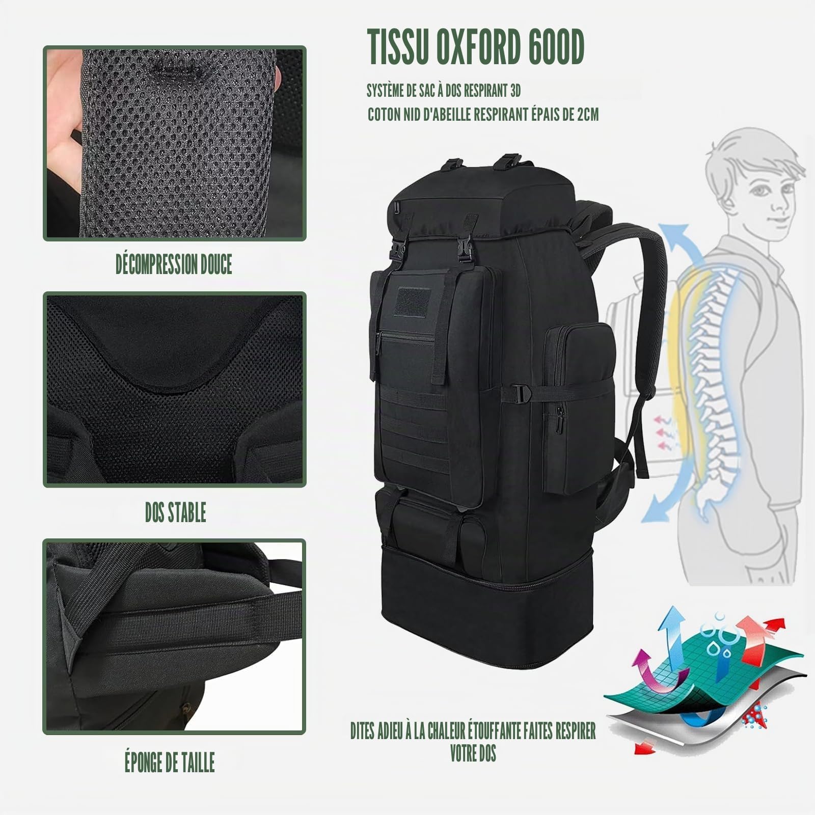 80L+20L Randonnée Sac à Dos, étanche grand sac à dos, Grand Capacité Respirant Multifonction pour Alpinisme Escalade Trekking Sport Voyage Camping