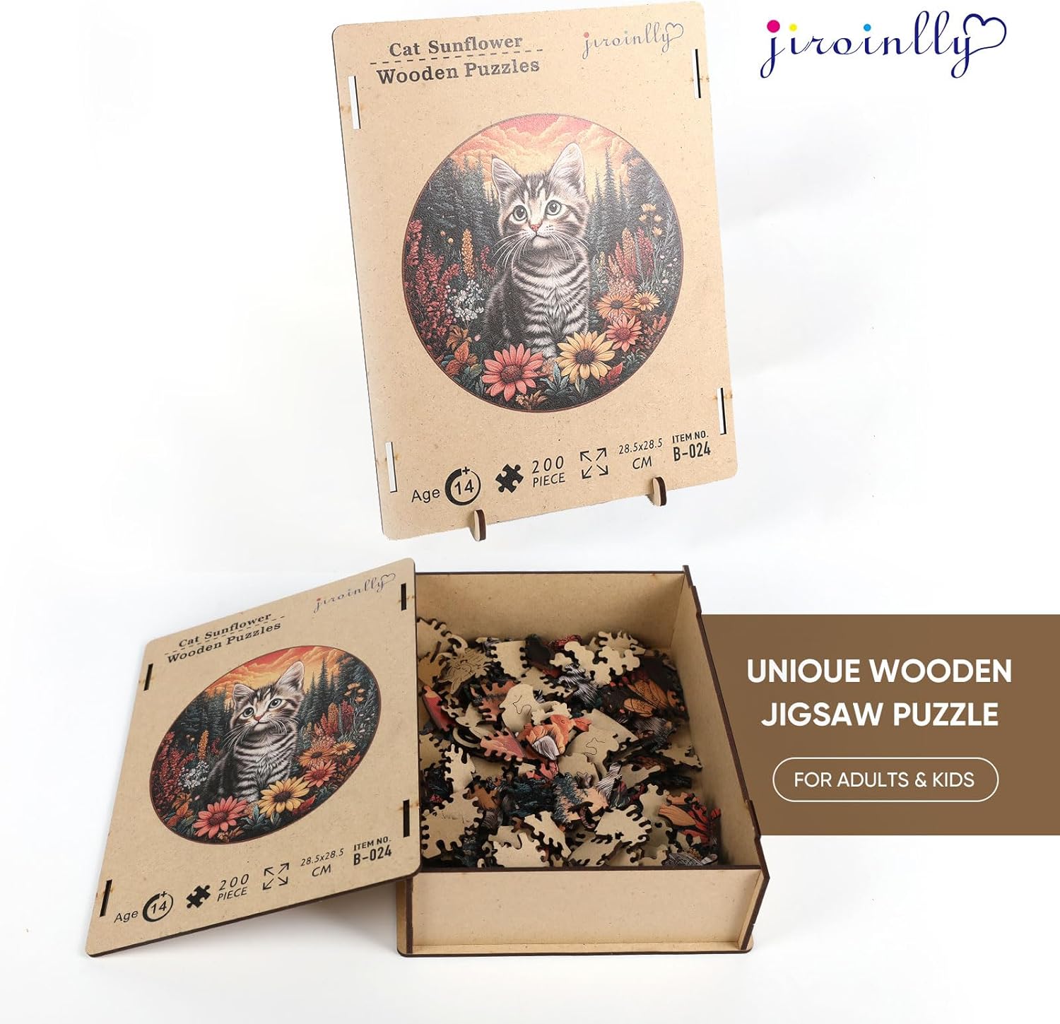 Jiroinlly Wooden Puzzles for Adults 500 Pieces, Cat Sunflower, Unique Shaped Jigsaw Puzzle, Relaxing Gift for Kids and Friends, Home Wall Decor, 16.5x16.5 in