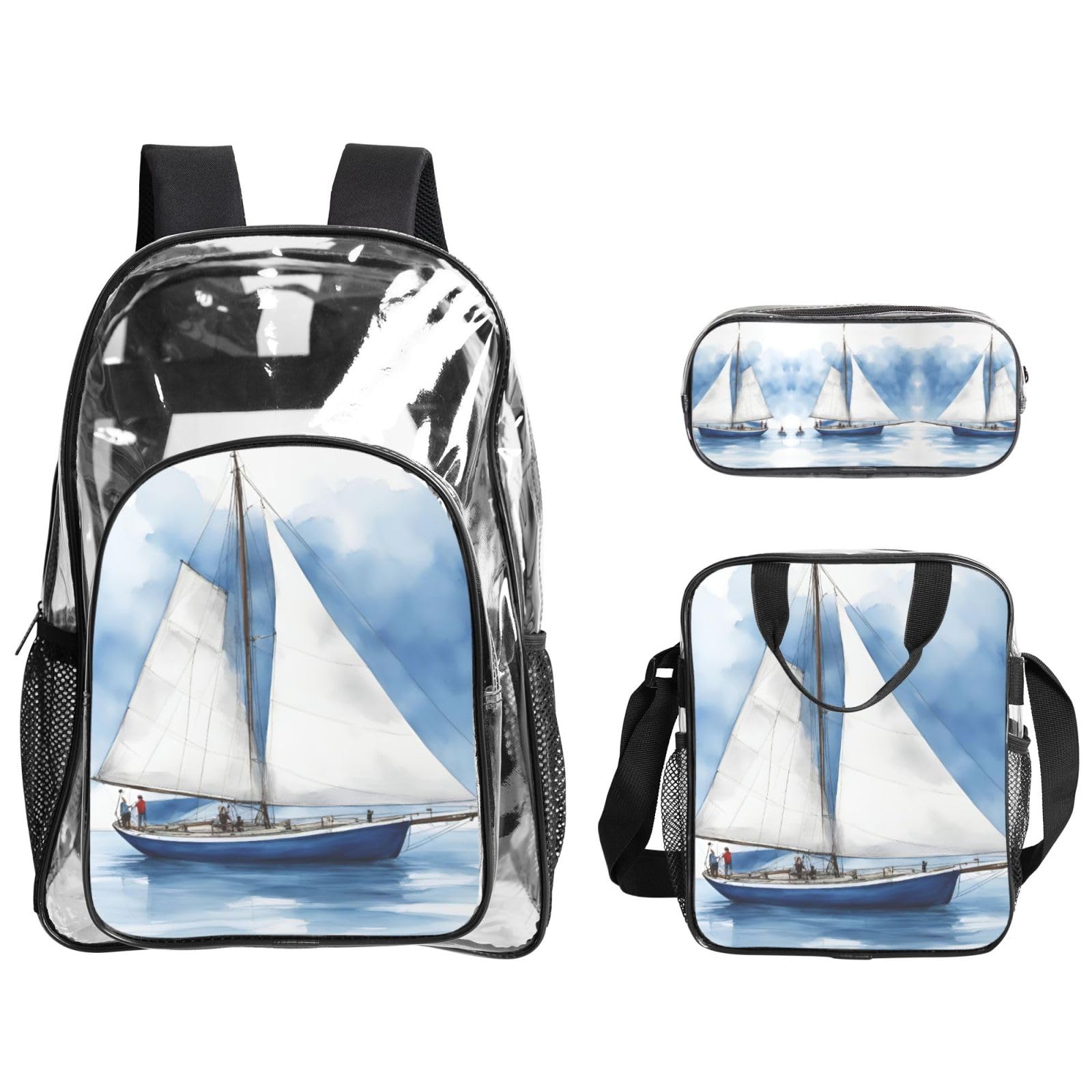 Blue Sailboat 1 Zaino Stampato Set 3 in 1 Trasparente Borsa Set Per Scuola Lavoro Stadio Eventi E Trasporto quotidiano
