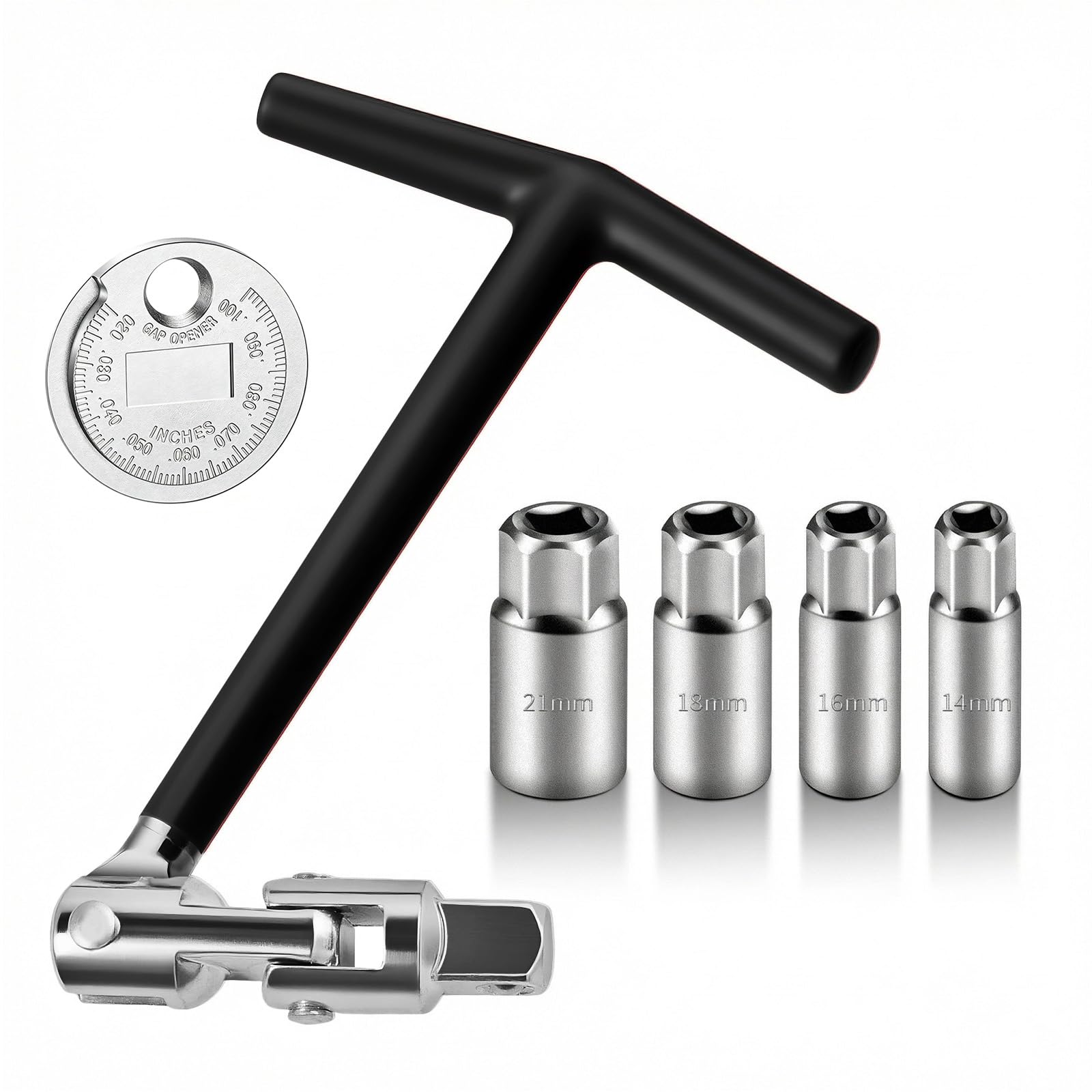 6 Spark Plug Wrench,0.551/0.630/0.78/21 mm,T-Shaped Handle,Black | Gauge for the distance between spark plug electrodes, suitable for small spaces in cars and motorcycles, among others