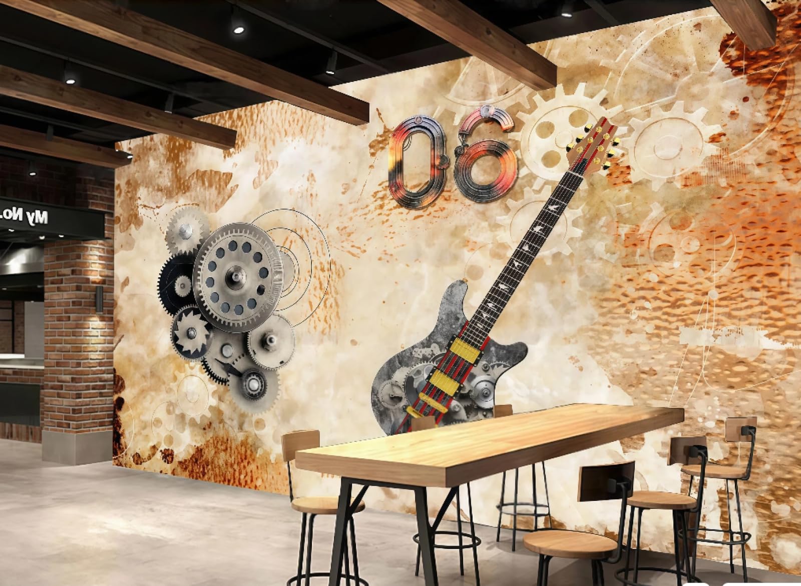 Rskjdghshd 3D Wallpaper Retro Colorful Dance Hall Music Guitar Theme Bar Drink Shop Western Restaurant Background Wall Mural Afternoon Tea Coffee Shop Wallpaper,,200X140cm