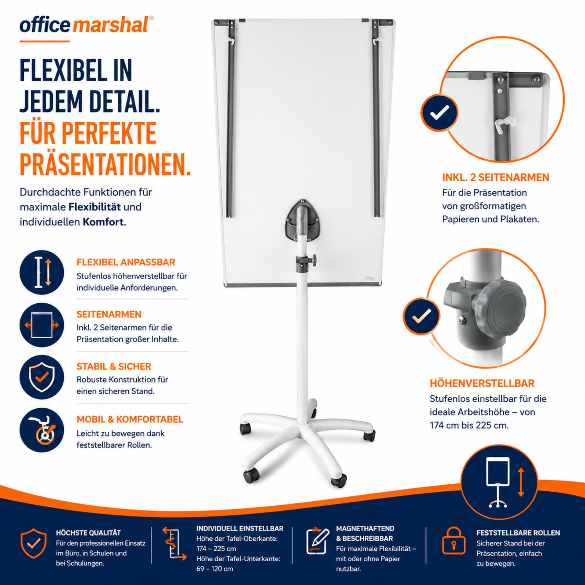 OfficeMarshal Flipchart Whiteboard mobil mit Rollenfuss Ständer 73x105cm | Höhenverstellbar bis 210cm, Beschreibbar, Trocken abwischbar, magnetisch (Piranha)