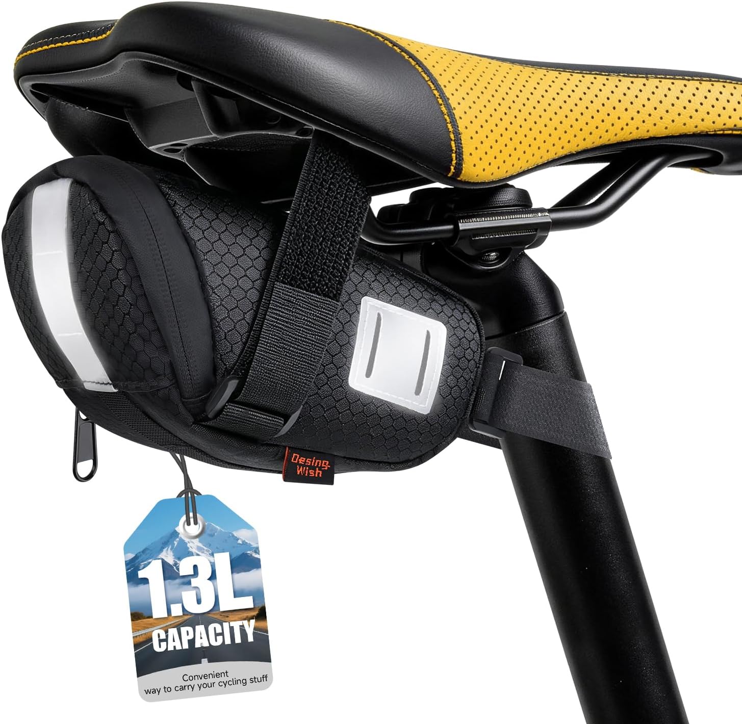 1.3L Compact Bike Saddle Bag Water-resistant Bicycle Saddle Bag Reflective Cycling Under Seat Pouch Seat Pack for Mountain/Road Bikes (Black)