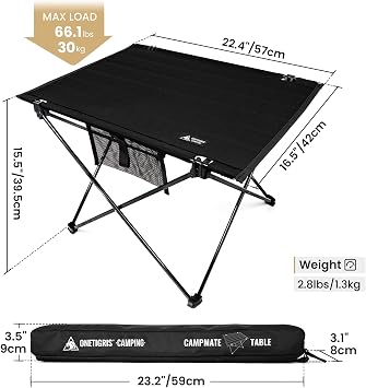 ONETIGRIS Foldable Camping Table, Lightweight Portable Table Sturdy & Quick Setup, Holds Up to 66 lbs, Perfect for Camping, Hiking, Backpacking, Picnic, Beach, Travel