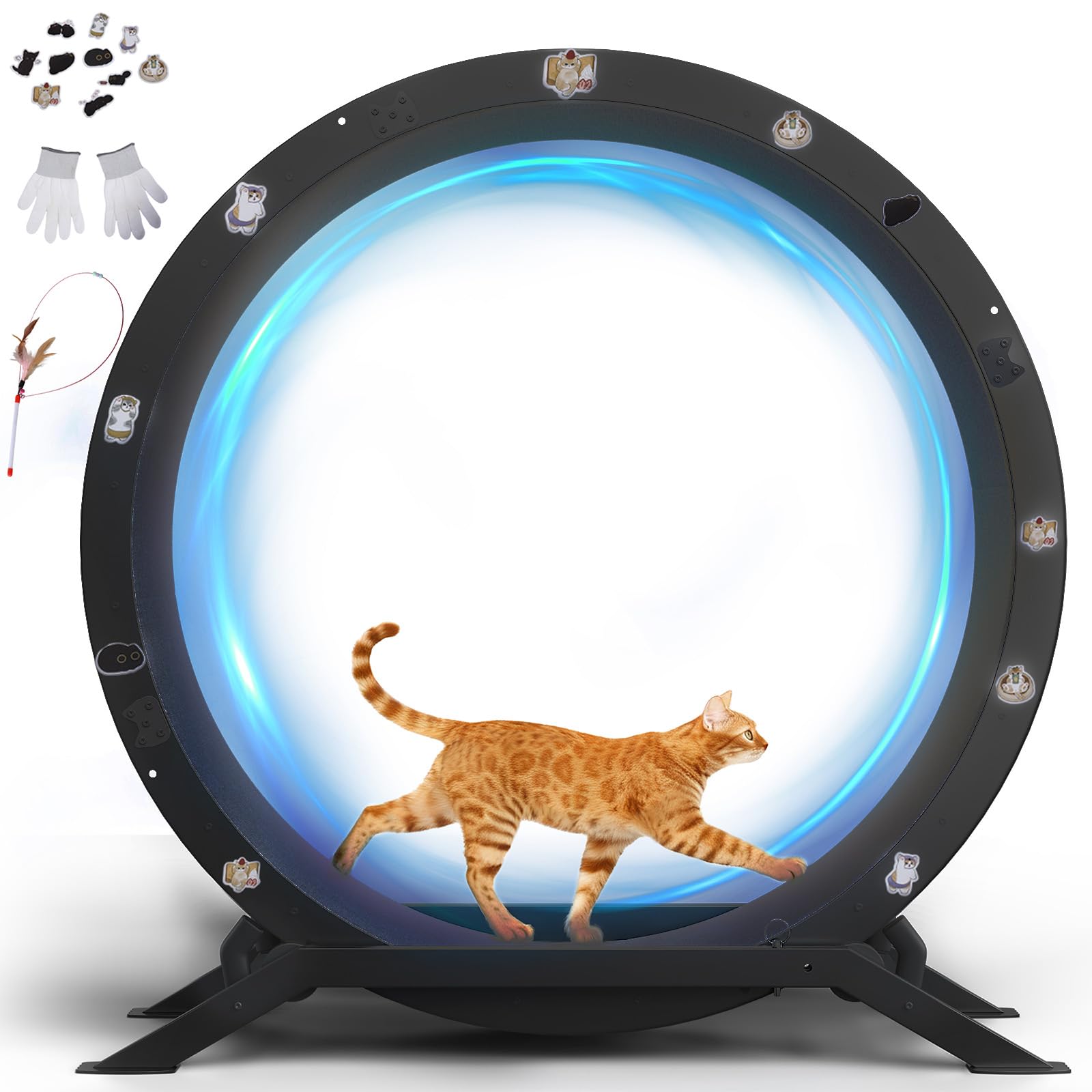 GTRACING Cat Wheels, 40" Diameter, Large Cat Exercise Wheel for Indoor Cats cat Treadmill Metal with Detachable Carpet & Teaser/Stickers, Ultra-Quiet Scroll Wheel with Latch, Safe and Stable, Dark