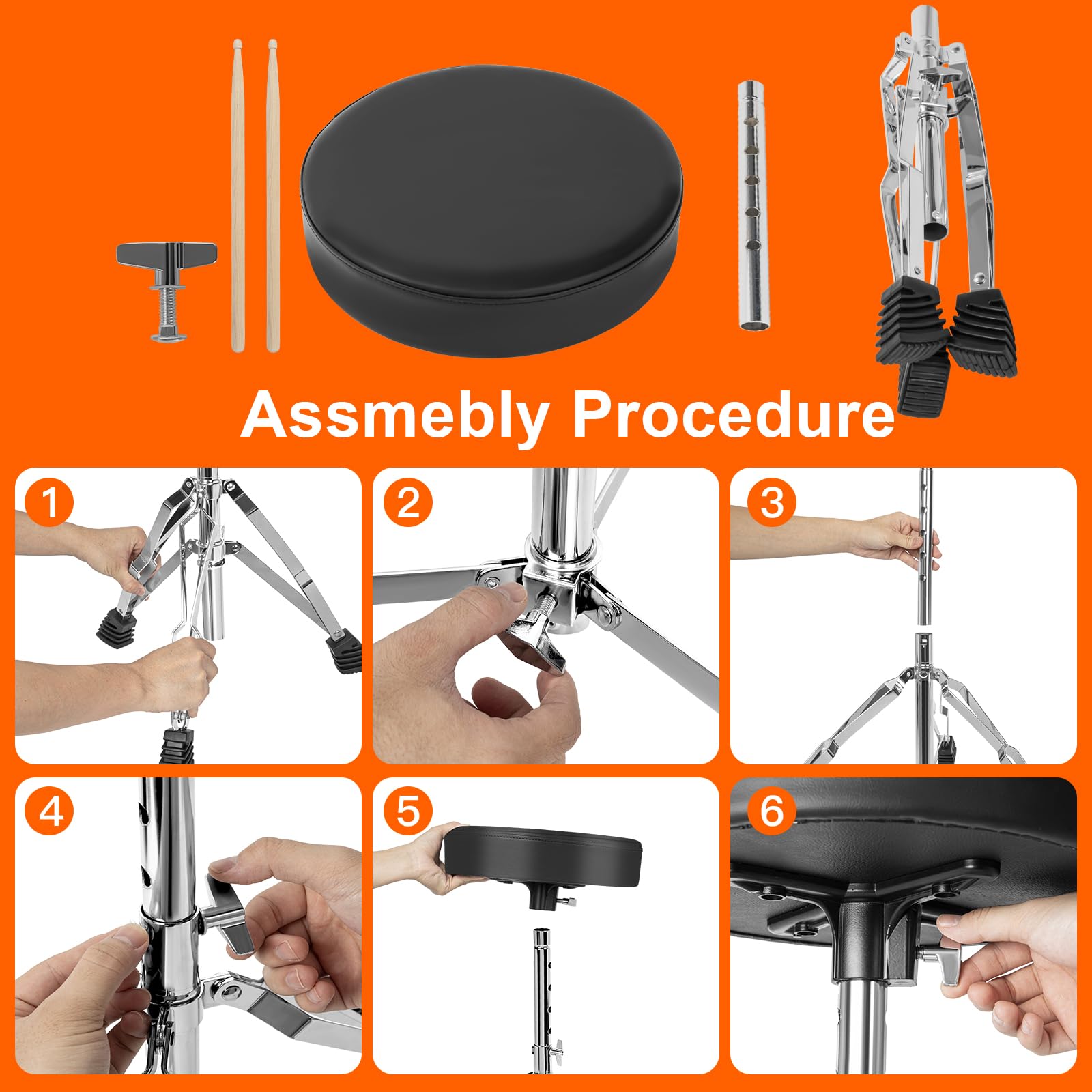 AKOZLIN Drum Throne, sgabello per batteria regolabile in altezza da 42 a 56 cm, con piedini antiscivolo, sedile pieghevole imbottito con bacchetta, per bambini e adulti