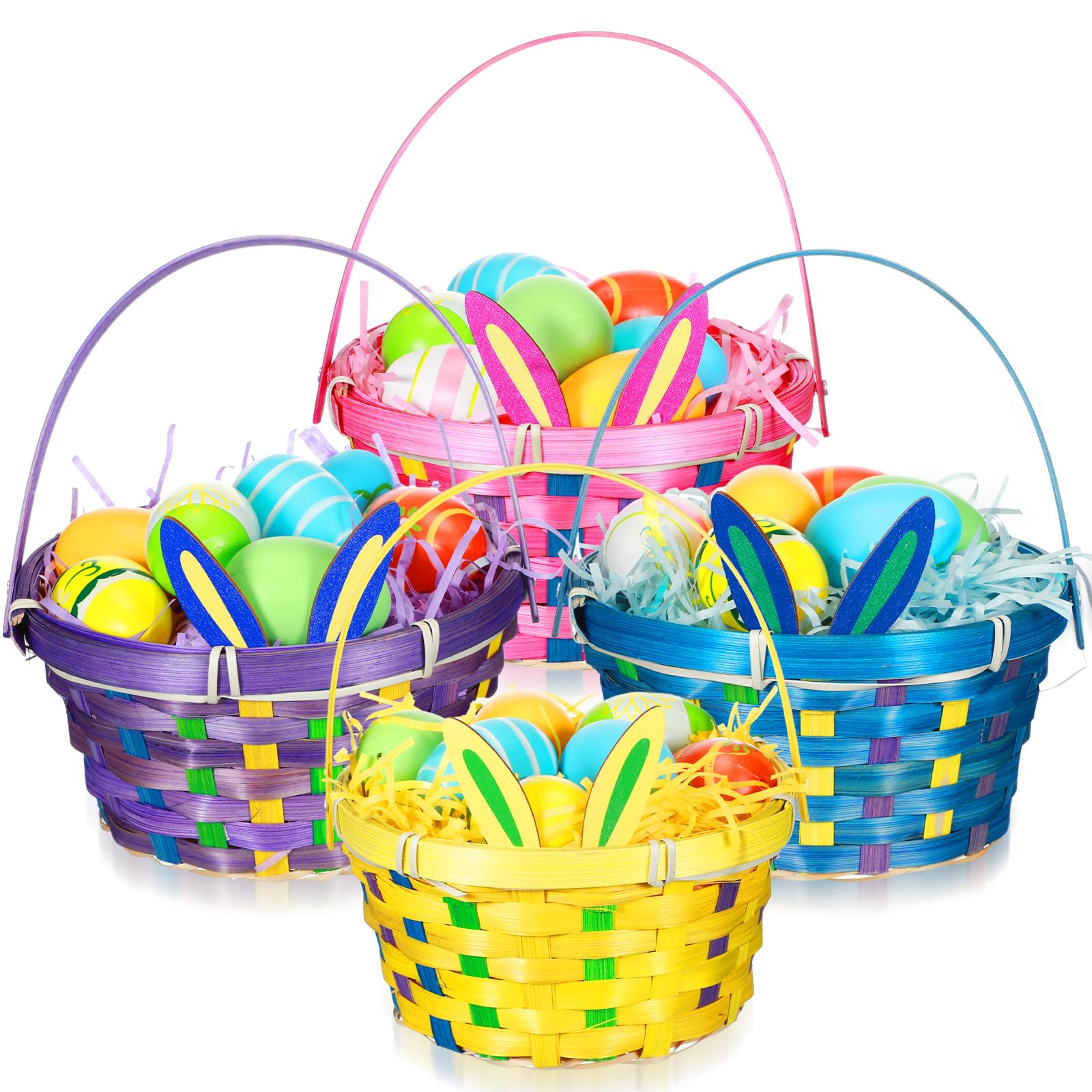 FoldTier 4 Pcs Easter Bunny Bamboo Basket with Raffia Paper Grass, Handmade Woven Easter Basket with Hinged Handles for Egg Hunting, Easter Candy Eggs Baskets Cute Rabbit Picnic Hamper for Party Gifts