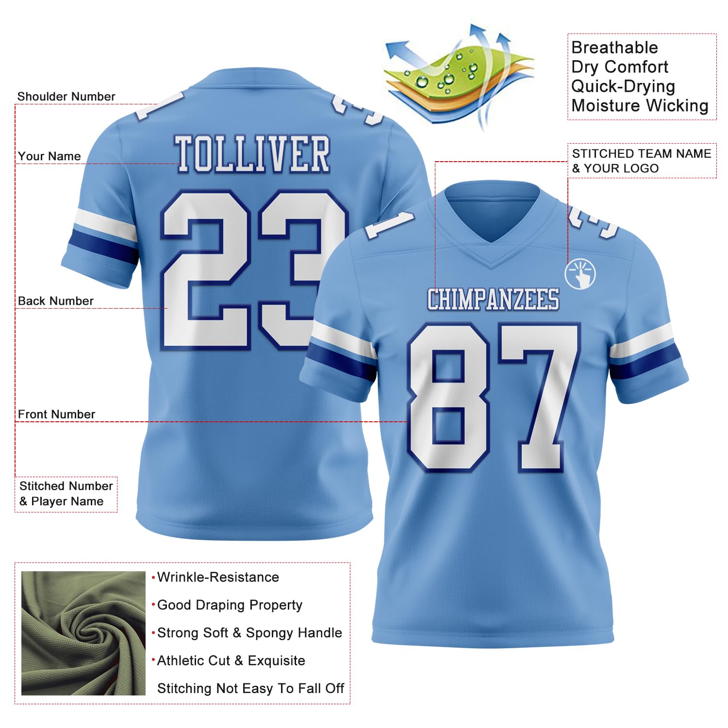 Custom Light Blue White Navy Authentic Flag Football Jerseys Hip Hop Rugby Shirts for Men Women Youth Boys Girls, Personalized Short Sleeve V-Neck Sports Practice Uniforms for Soccer Volleyball Teams