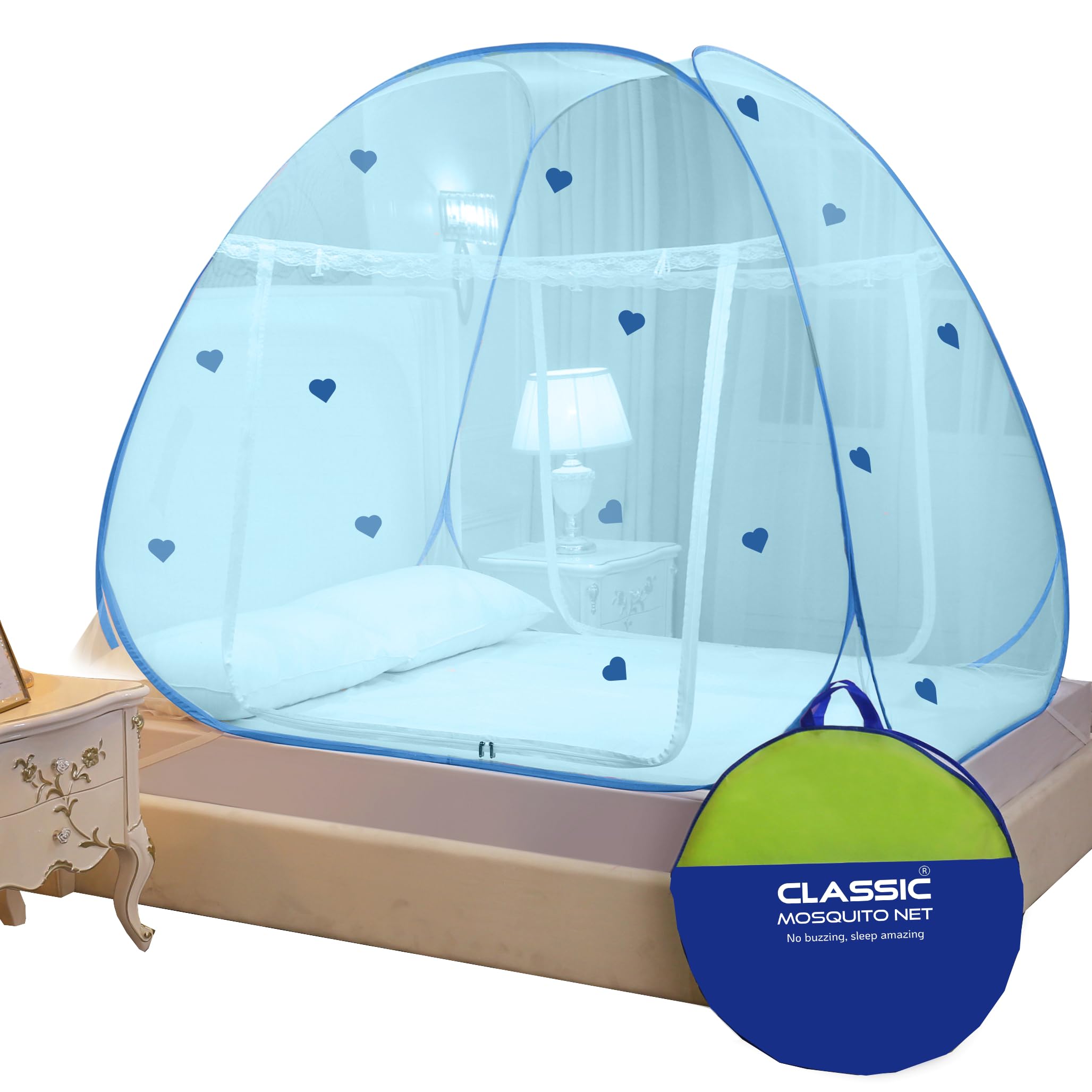 Classic Mosquito Net for King Size Bed Heart Design | 30 GSM Polyester Fine Mesh | Foldable Pop Up Machardani for Double Bed | 360° Mosquito & Insect Protection | Washable & Reusable | Full Blue