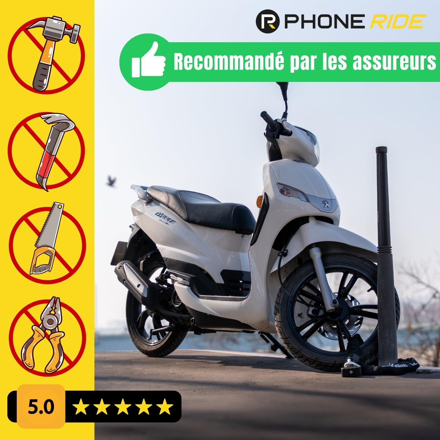 Chaine Antivol Moto SRA Longueur 120cm - Ø15mm - Chaine Antivol Moto en Acier Cémenté Conforme Aux Normes de Sécurité Française Pour Moto et Scooter - Clé réversible (Chaine ELITE MC 15120)