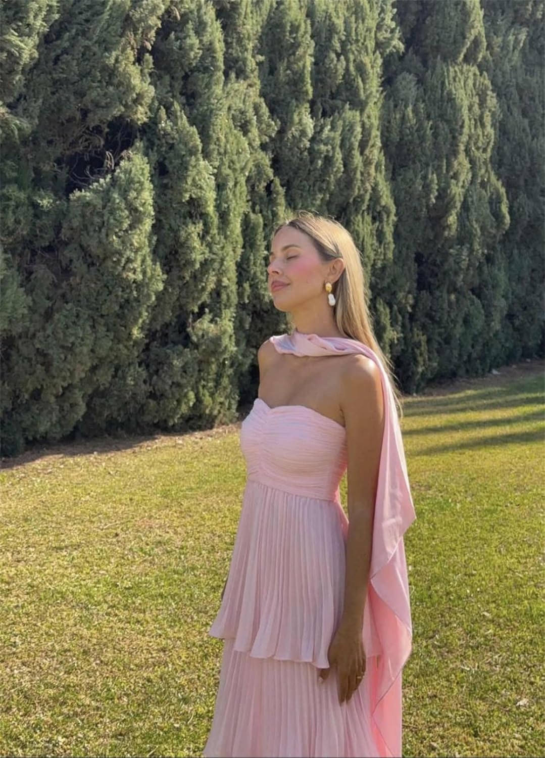 Chiffon Strapless Bridesmaid Dresses for Women Pleated Tiered Formal Prom Evening Dress with Scarf - Image 4