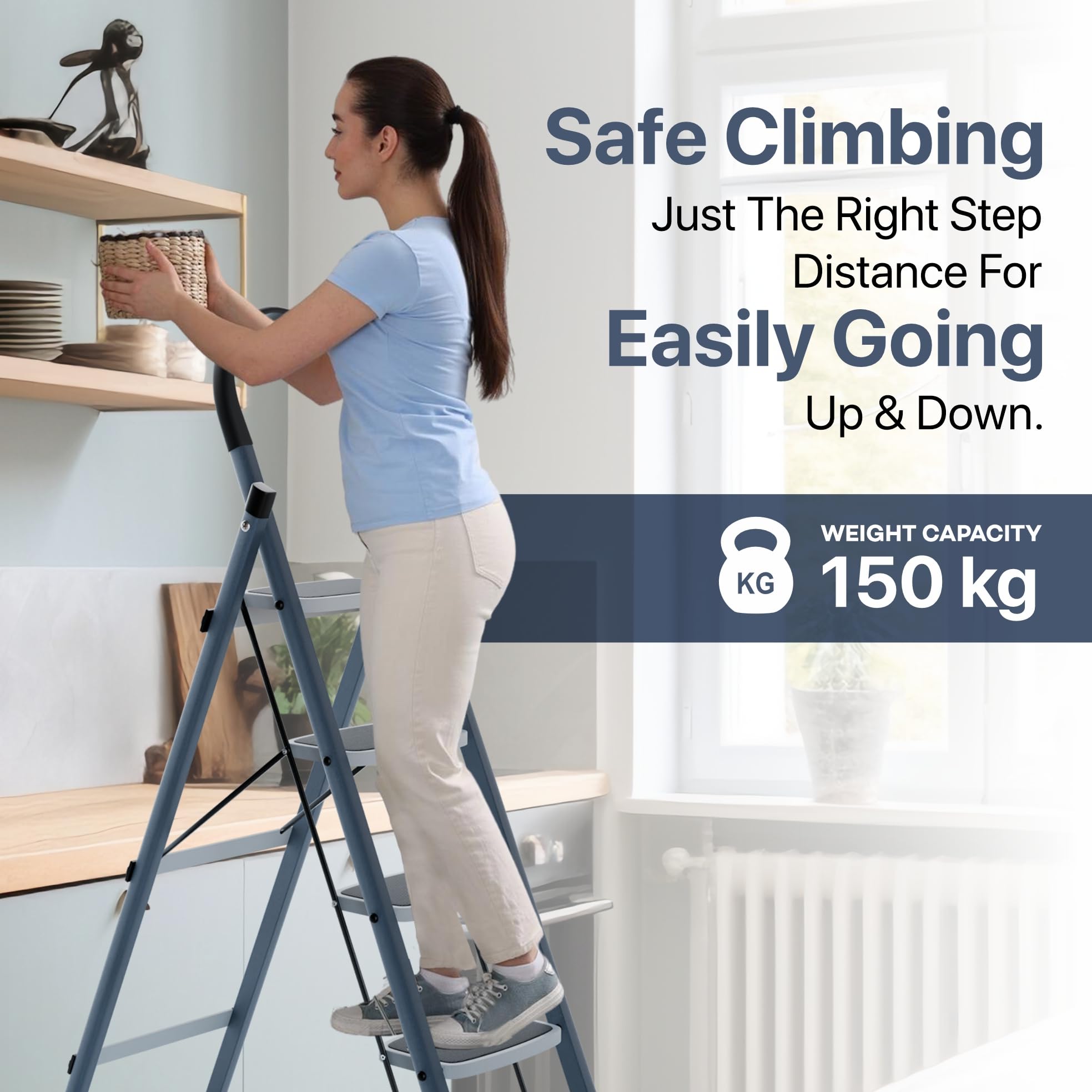 LAPO Folding Ladder for Home & Office | Heavy Duty Steel Step Ladder | 150 kg Load Capacity | 20 x 30 cm Anti-Slip Large Platform | Non-Slip Rubber Feet | 5 Years Warranty | Grey (5 Step) — Amazon image 5