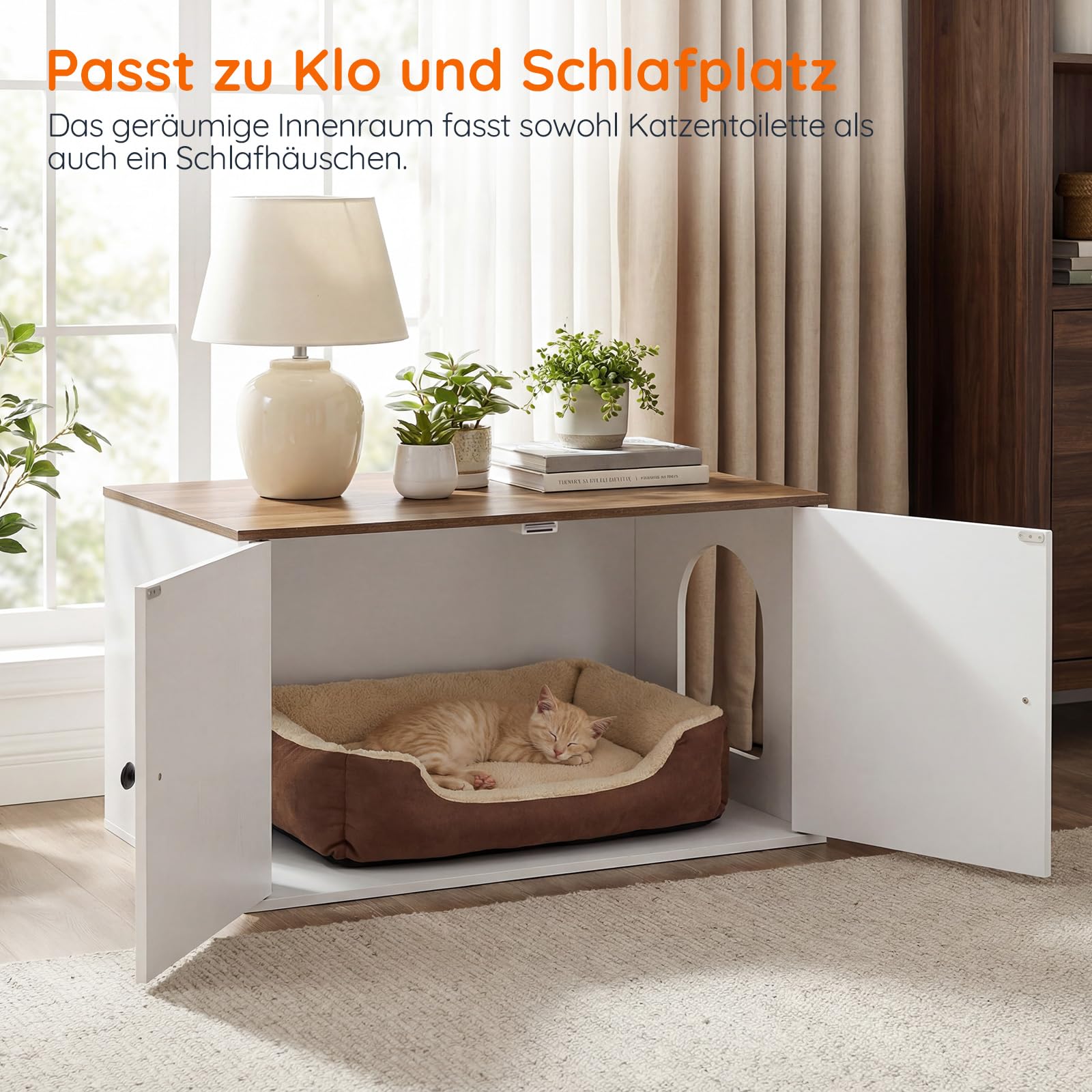 HOOBRO Katzenklo Schrank aus Spanplatte, Katzentoilette Schrank, versteckter Katzenkloschrank mit Seiteneingang, Haustiermöbel für den Innenbereich, Beistelltisch, Weiß und Walnuss EWH40MW01