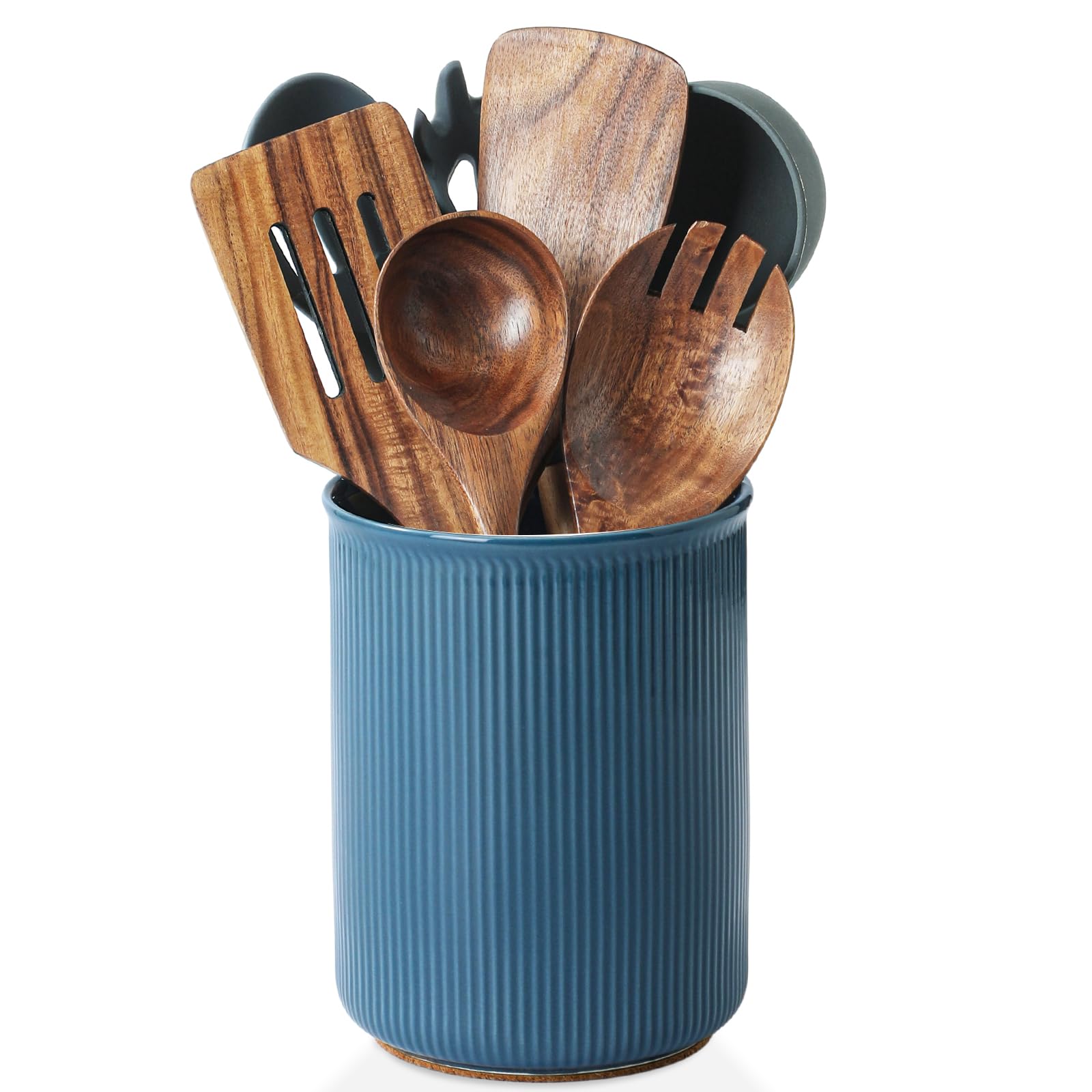 LoeJan 3 Compartment Utensil Holder, Extra Large Utensil Crock, Stable Ceramic Utensil Organizer, Cooking Tool Organizer Set for Kitchen Counter Farmhouse Decor (H-6.7“ Blue)