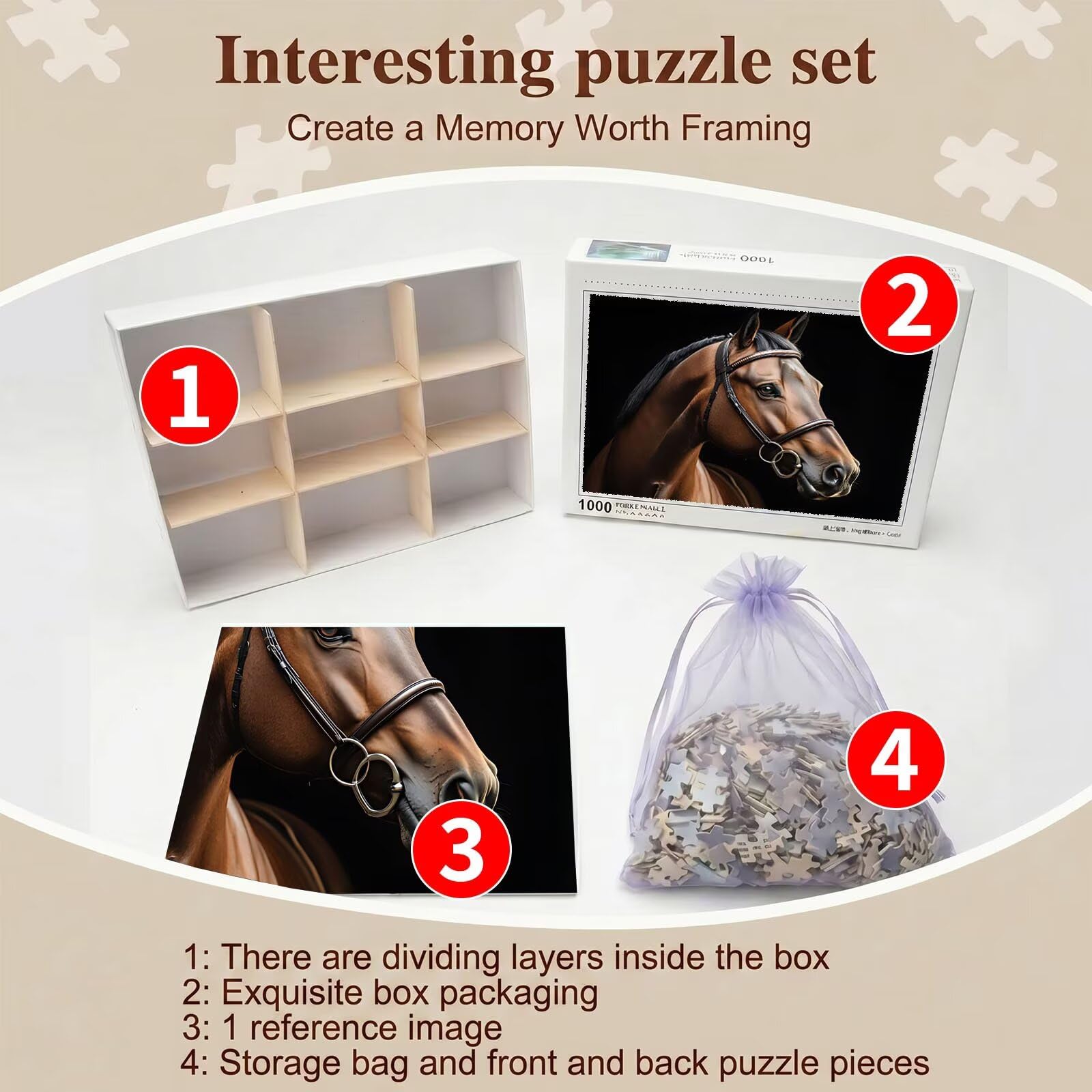 cavallo animale domestico Puzzle 1500 Pezzi per Adulti, Puzzle in Legno -Collezione Classica con Poster Incluso - Sfida di Concentrazione e Passatempo Antistress, Gioco per Famiglia, 87 x 57 cm f0-650