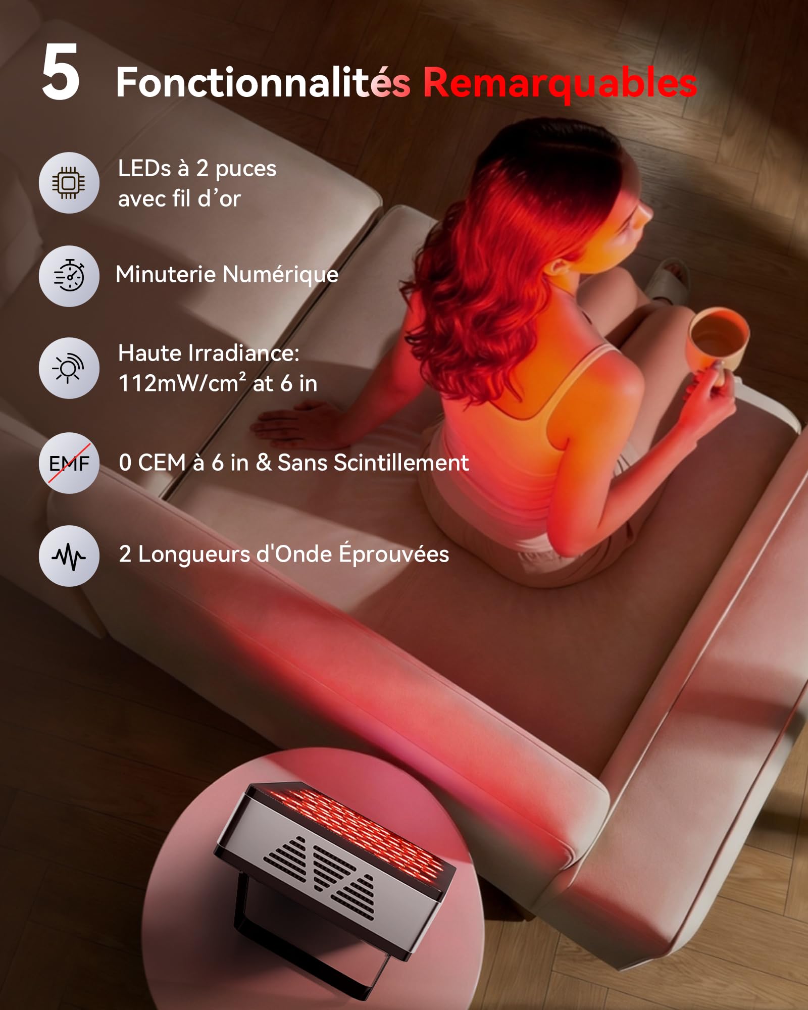 FliKEZE Lampe à Lumière Rouge (Modèle Basique), 60 LED Lumière Rouge Lampe Infrarouge à 850 nm et 660 nm avec Minuterie, Adaptée à l'Usage Domestique, au Sport et comme Cadeau