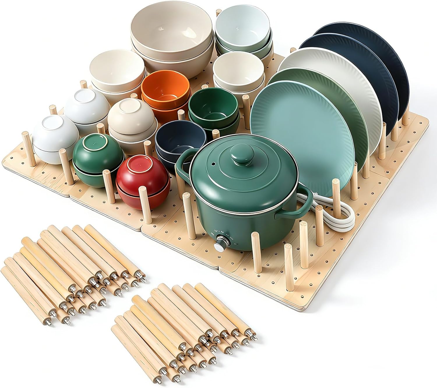 4 Pcs Pegboard Drawer Organizer with 48 Pegs, 20.98x5.91 Inch Wooden Peg Board Kitchen Plate Organizer for Drawer Pegboard Storage Rack with Adjustable Peg for Tableware, Plate, Bowl, Cookware