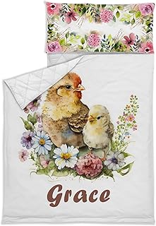 Personalized Cute Chick Toddler Nap Mat for Preschool Daycare, Customized Name Sleeping Bag with Pillow Case and Blanket Quilt, Super Soft & Cozy Nap Mats for Kids Girls, Quilted Nap Mat