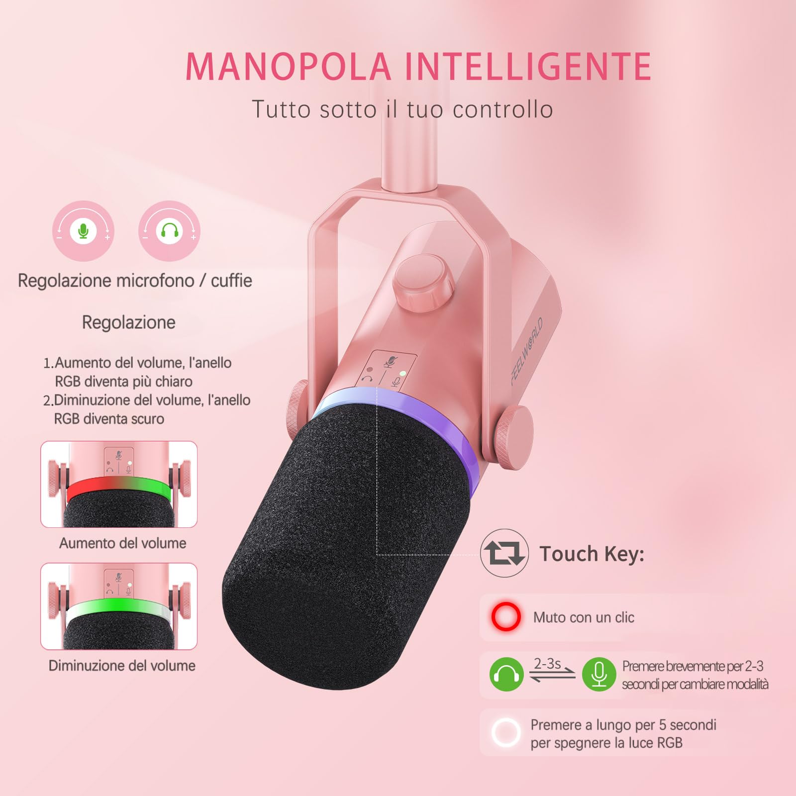 FEELWORLD PM1-AS USB/XLR Micro Gaming Streaming (per PC PS4 PS5), RGB Dynamic Iris Microphone, Pink with Stand, for Gaming, Podcasting, Broadcasting