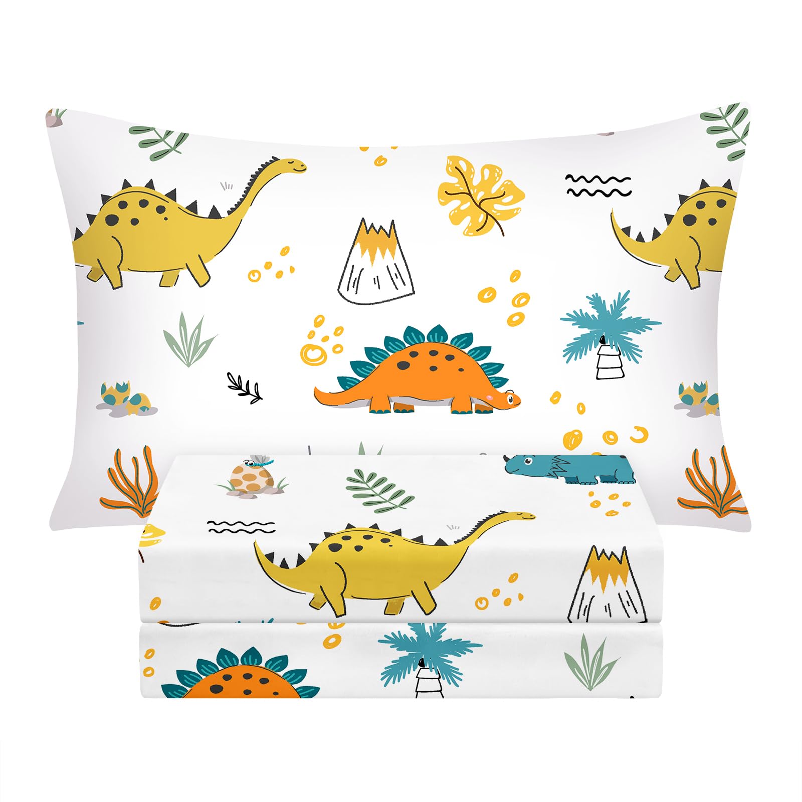 BYSURE Twin Sheets Set Kids(Triceratops Dinosaur, Orange&Yellow), 3 Pieces Easy Fit Deep Pocket Sheets Set, Breathable Wrinkle-Free Microfiber Bedding