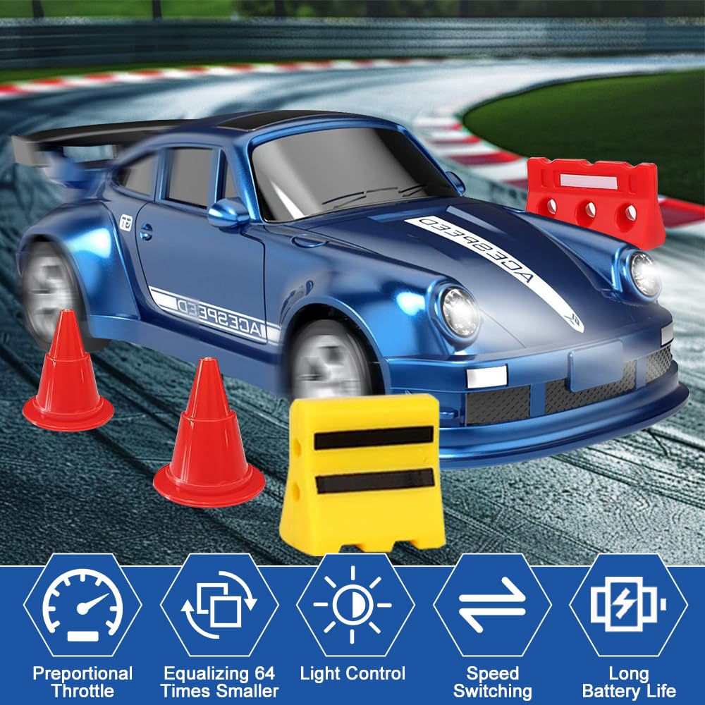 RC Drift Car - Mini voiture télécommandée 1:64 - 4WD avec éclairage - 2,4 GHz - Mini voiture de course radiocommandée avec modèle obstacle - Pour enfants - 15 km/h