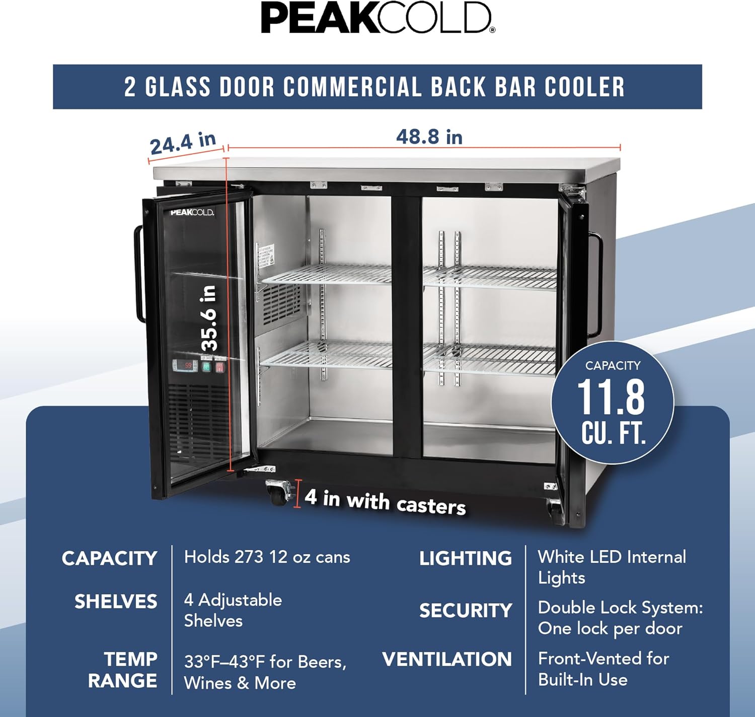 PEAKCOLD 2-Door Counter Height Beverage Refrigerator - 49" Wide Energy Efficient Black Beer Fridge With Glass Doors & White LED Lighting - Commercial Back Bar Cooler