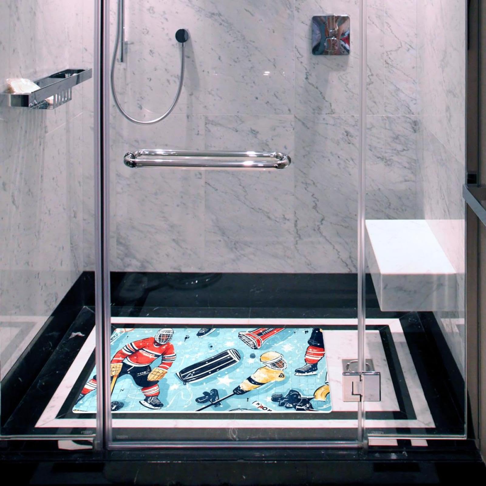 Tapis de douche antidérapant avec motif hockey sur glace - 38,5 x 68 cm - Tapis de douche en caoutchouc antidérapant avec trous de drainage et ventouses - Lavable en machine