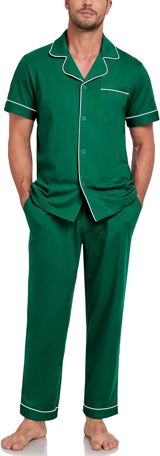 EA'S SECRET Mens Pajamas Set 100% Cotton Soft Button Pajamas for Men Short Sleeve Sleepwear 2 Piece Lounge Pjs Sets