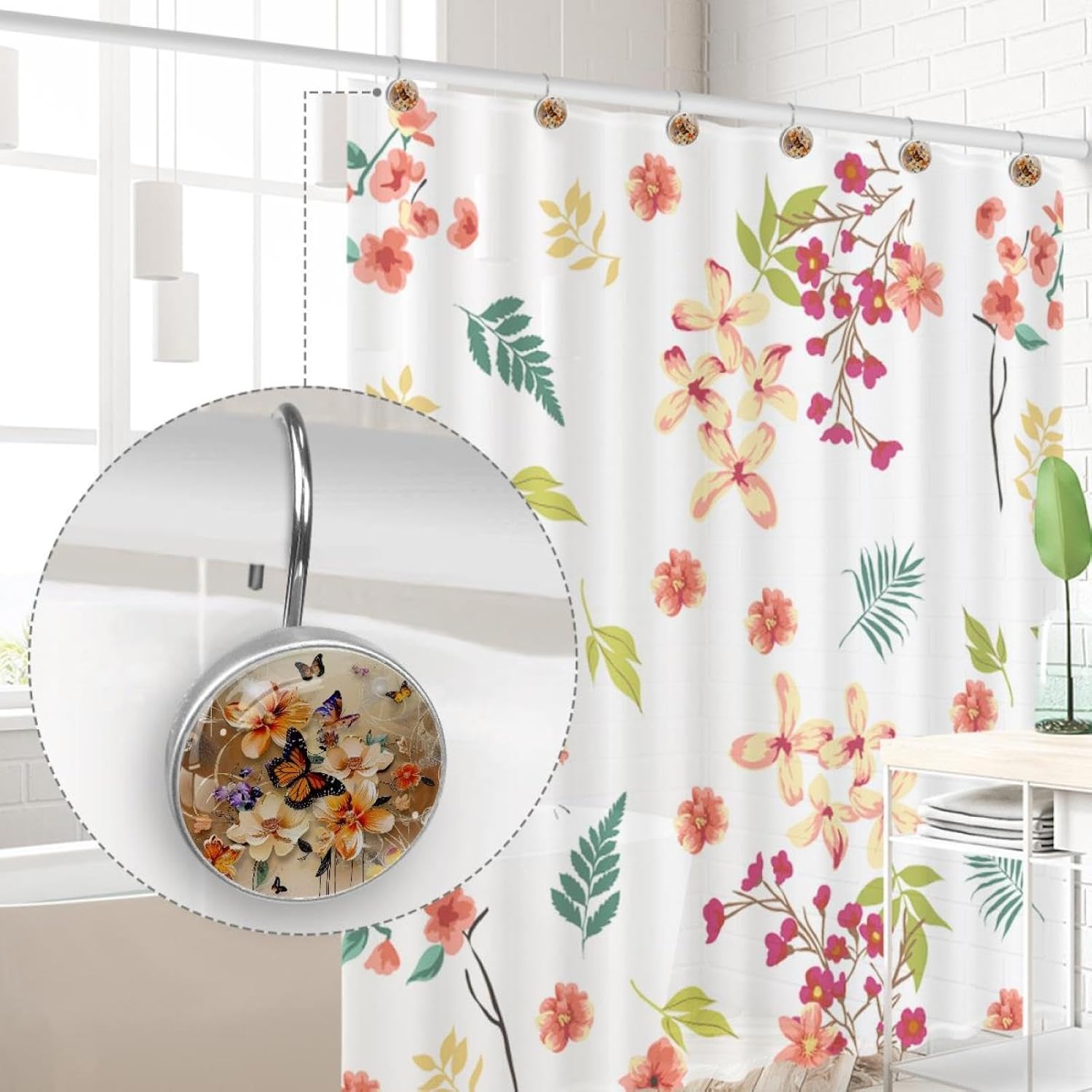 12PCS Round Shower Curtain Hooks, Flowers with Butterflies Painting Crystal Decorative Curtain Rings, Rustproof Shower Rings for Bathroom Home Decor