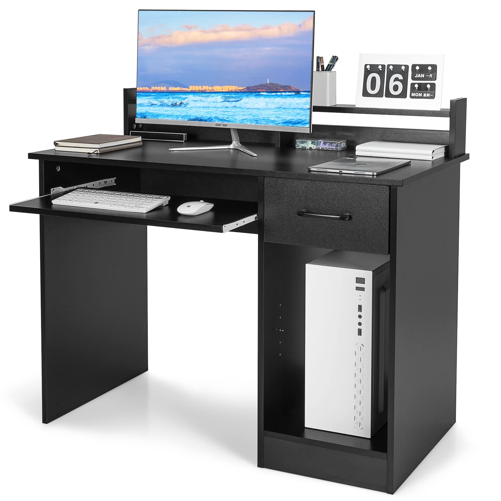 SFAREST Wooden Computer Desk, PC Study Writing Desk with 5-Position Adjustable Shelf, Keyboard Tray & Drawer, Modern Laptop Gaming Workstation for Home Office (Black)
