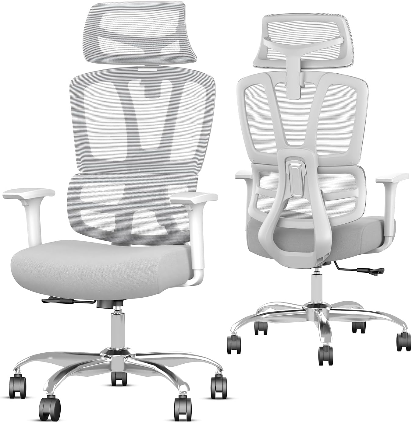 JOYFLY Ergonomic Office Chair, Office Chair with Adjustable Headrest & Armrests, Mesh Backrest Desk Chair with Lumbar Support, High Back Ergonomic Chair for Adults, 350lbs, Grey