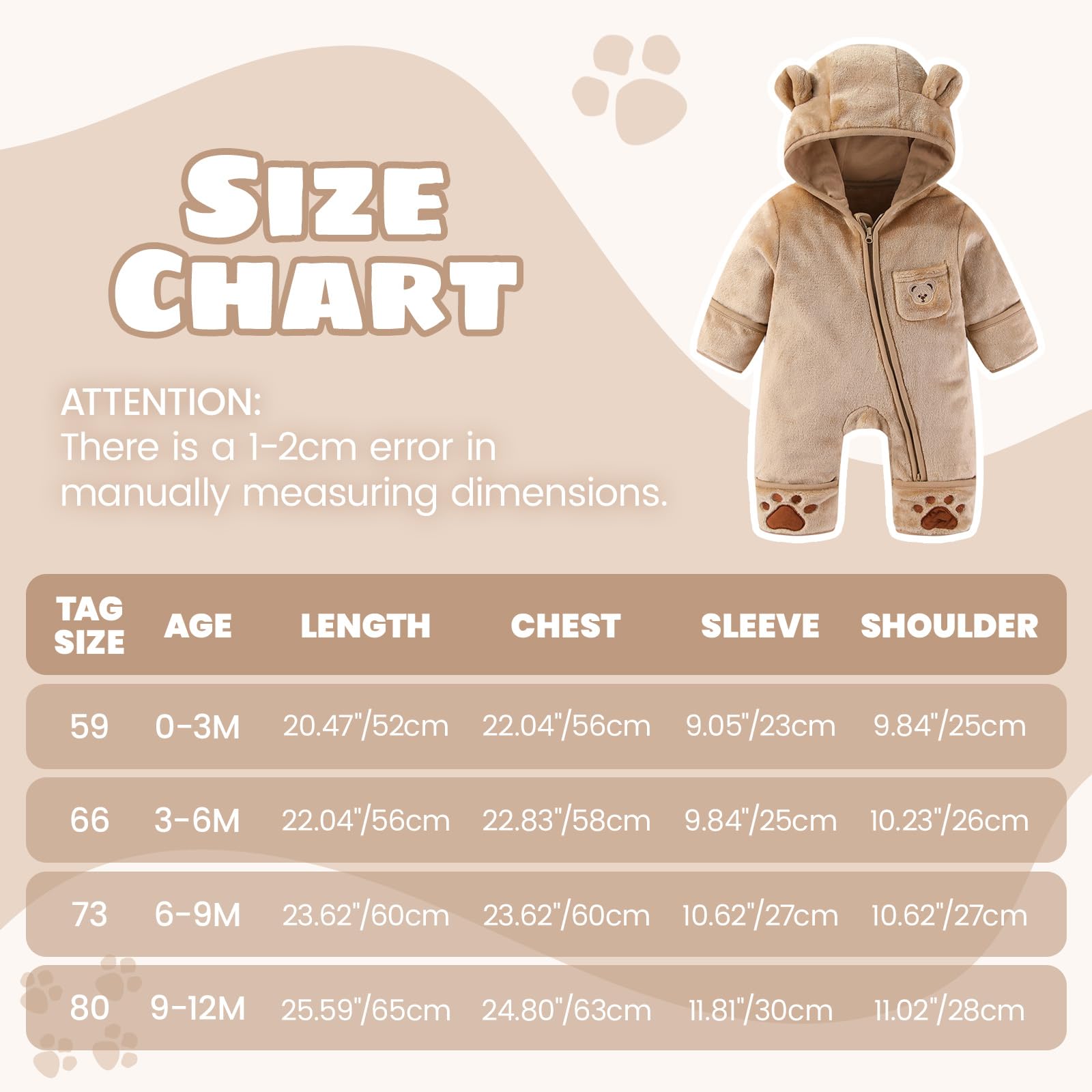 WYTbaby Combinaison pour bébé - En polaire - Combinaison de neige - Une pièce - Pour l'automne et l'hiver - Pour filles et garçons - 0-12 mois