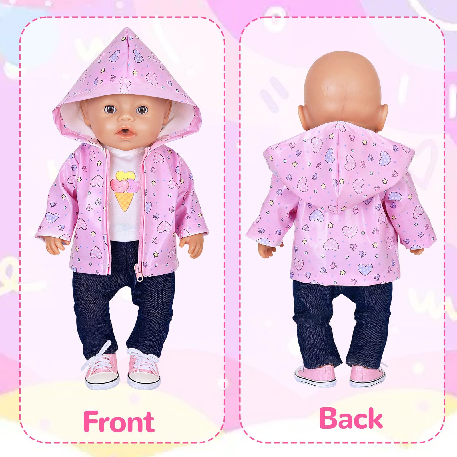 Puppenkleidung für 35-43 cm Newborn Baby Puppen, 4 Stück Magisches Regenmantel Puppenkleidung mit Regenjacke mit Kapuze, T-Shirt, Hose, Schuhe & Kleiderbügel, Baby Puppen Zubehör - 4