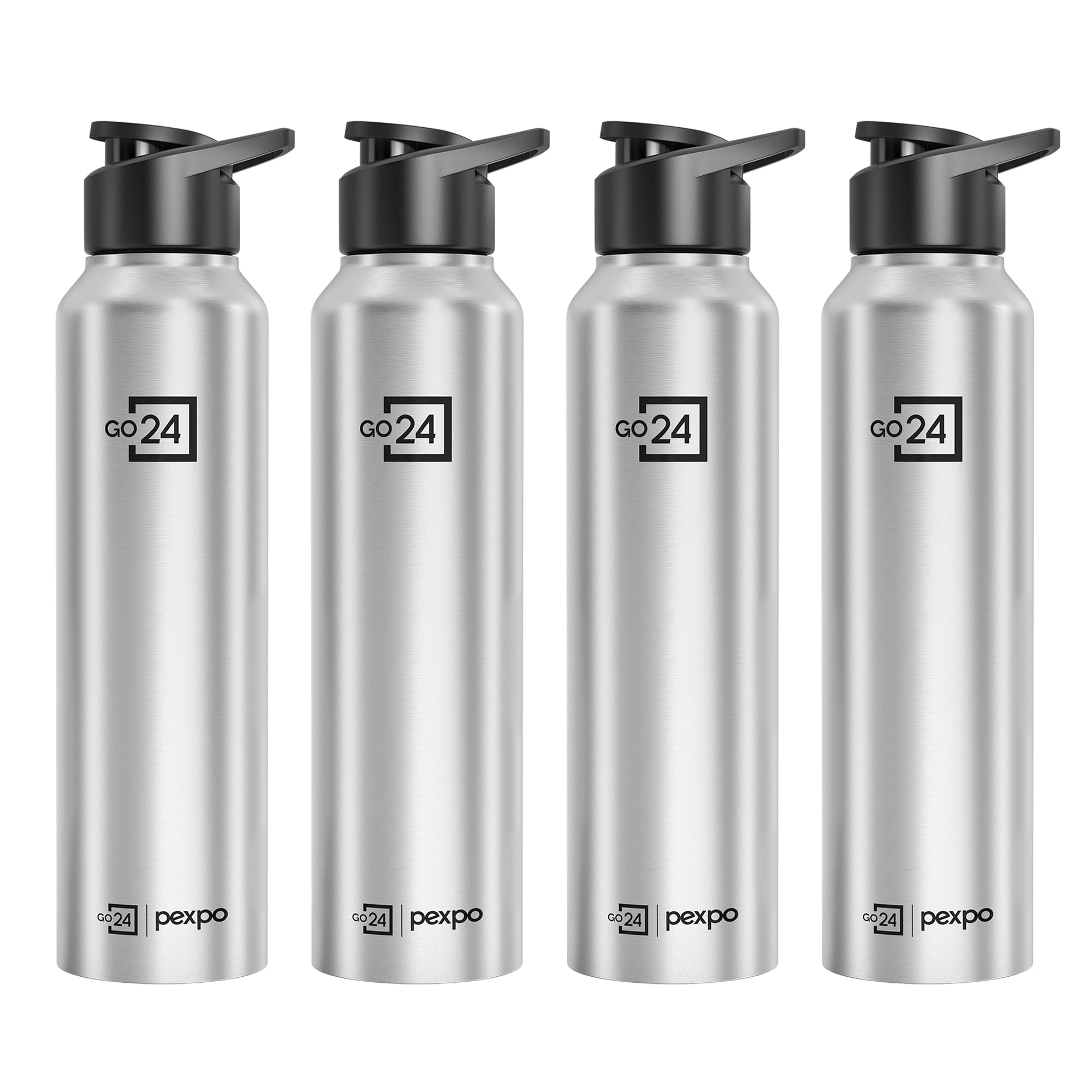 Go24 pexpo Water Bottle 1 ltr Go24 Stainless Steel Sports/Fridge Bottle with Sipper Cap (Pack of 4)| Single Wall | For Home, Office, Gym, Travelling | Lightweight | Craft Pro 950ml | Silver