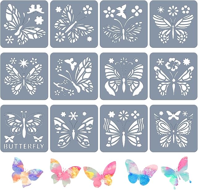 BLMHTWO 12 Pieces Butterfly Stencil Reusable Butterfly Paint Stencils Template Butterfly Animal DIY Craft Plastic Drawing Stencils for Painting on Wood Wall Floor Home Decor Art Painting Stencils