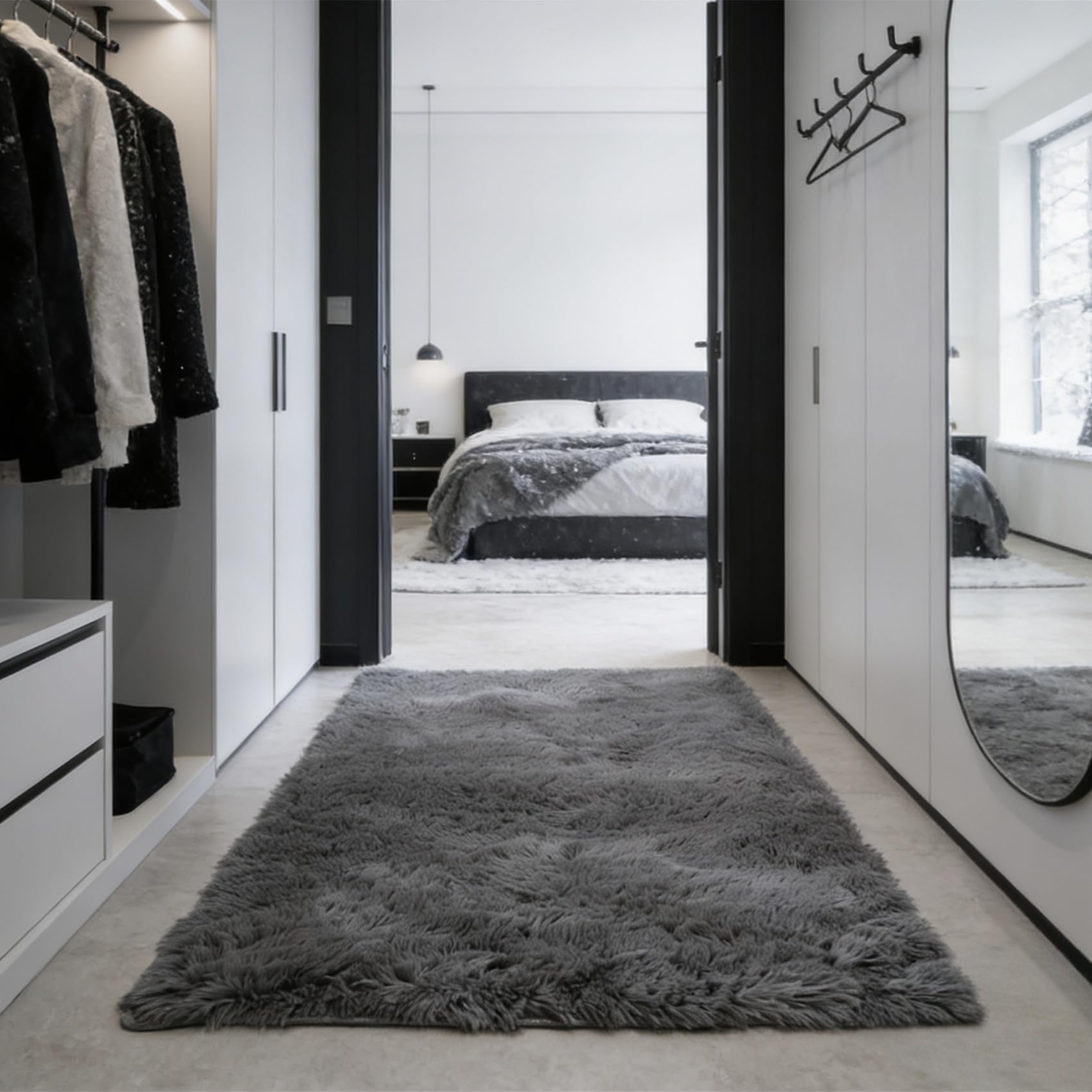 Tapis chambre 260 x 120 cm gris à poils longs et doux pour salon contemporain