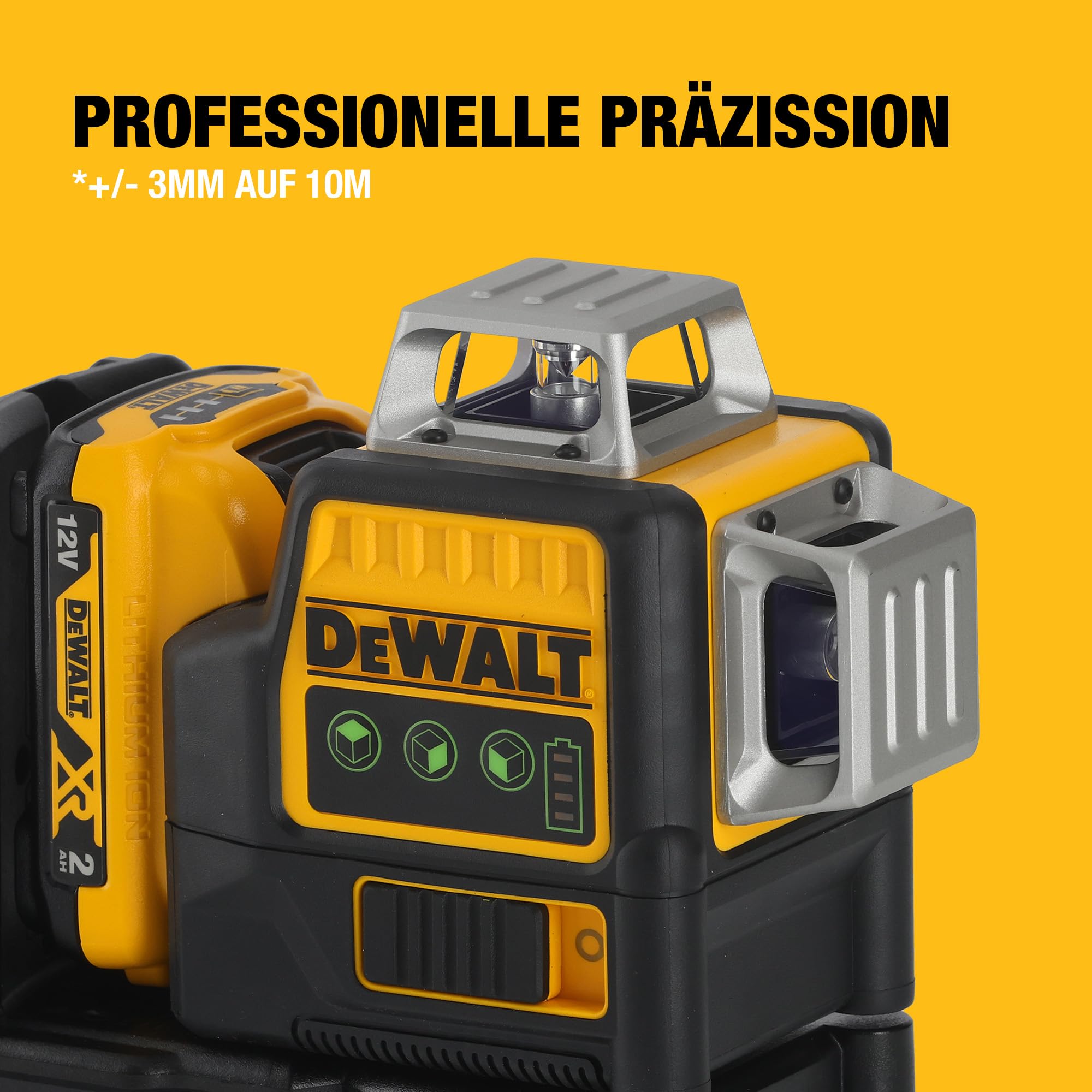 DEWALT XR 3 x 360° Akku-Multilinien-Laser grün (Selbstnivellierender Laser, mit Pulsmodus für Empfängereinsatz, Schutzklasse IP65, inkl. 12 Volt 2 Ah Akku und Ladegerät), DCE089D1G-QW
