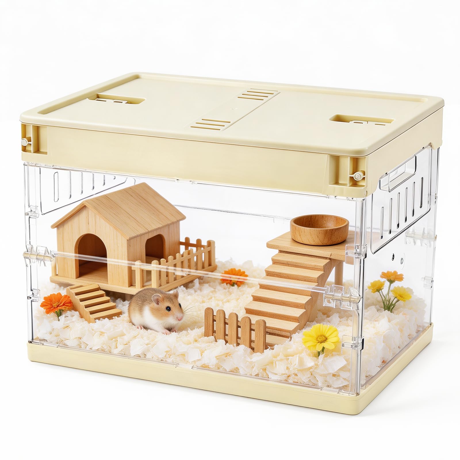 Foldable Chew‑proof Hamster Cage, Large Clear Acrylic Small Animal Cage with Openable Top, 360° Panoramic View Pet Habitat for Hamster, Rabbit, Guinea Pig, Hedgehog