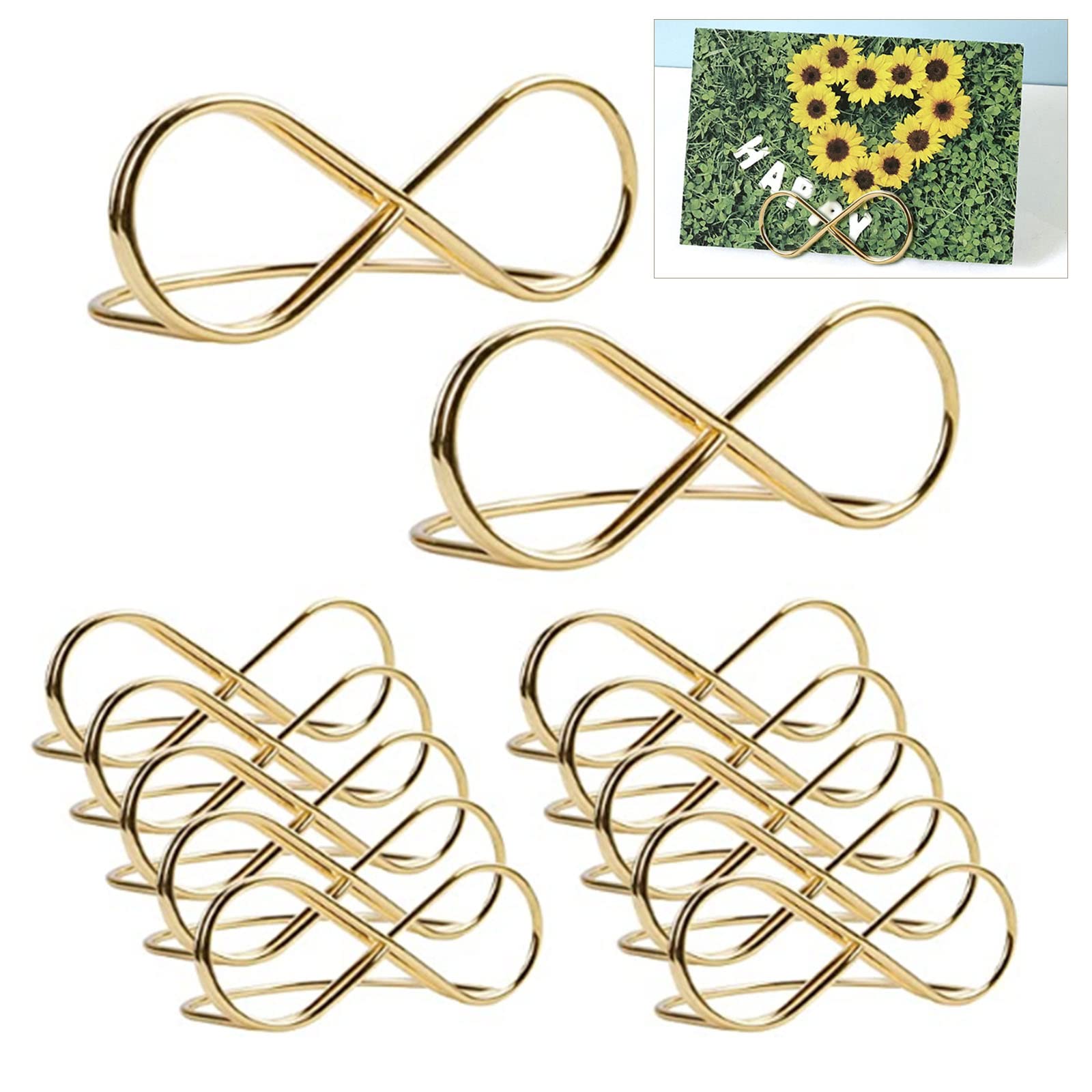 UFURMATE Pictures Stand Clips, 12Pcs Metal Table Card Holders Unique Gold Place Cards Clip Sturdy Photo Picture Cards Display Stand for Party, Wedding, Meeting (Gold Figure 8)