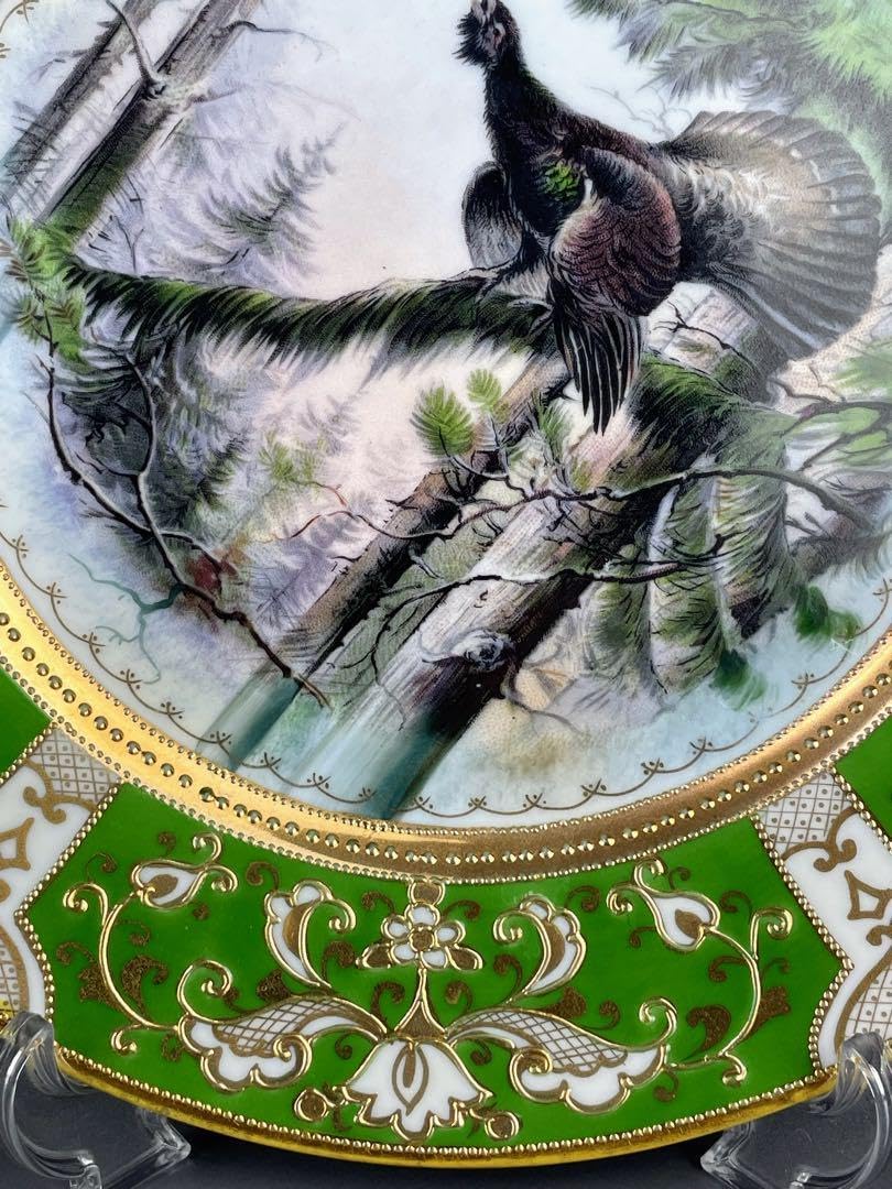 オールドノリタケ 21．9㎝ ライチョウ紋金盛り皿 雉 キジ 黒雷鳥