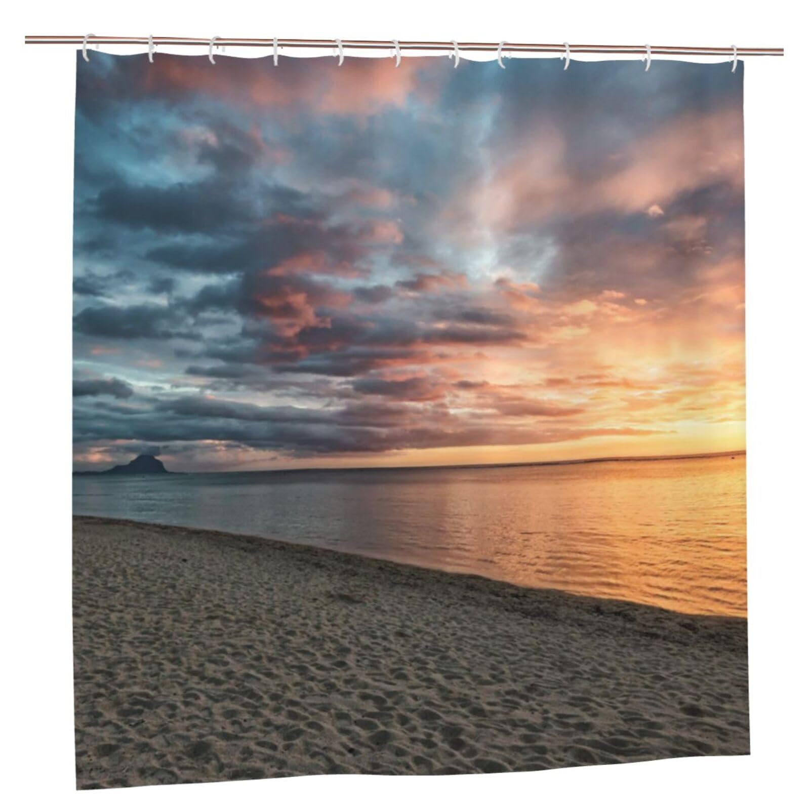 Oudrspo Polyester Fabric Shower Curtain - 70x70 Inch with Metal Grommets, Artistic Privacy Design, Mountain Le Morne in The Background